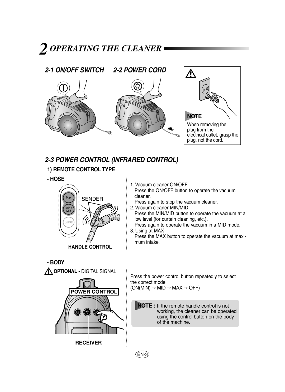 Samsung VCC8460H3B/XEG manual Operating the Cleaner, ON/OFF Switch 2-2 Power Cord, Power Control Infrared Control, Body 