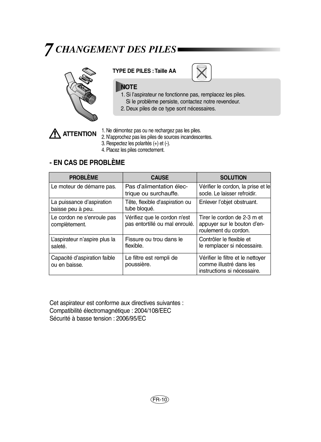 Samsung VCC8460H3B/XEF, VCC8460H3B/XEG, VCC8480H3S/XEN, VCC8480H3B/XEG manual Changement DES Piles, Problème Cause Solution 