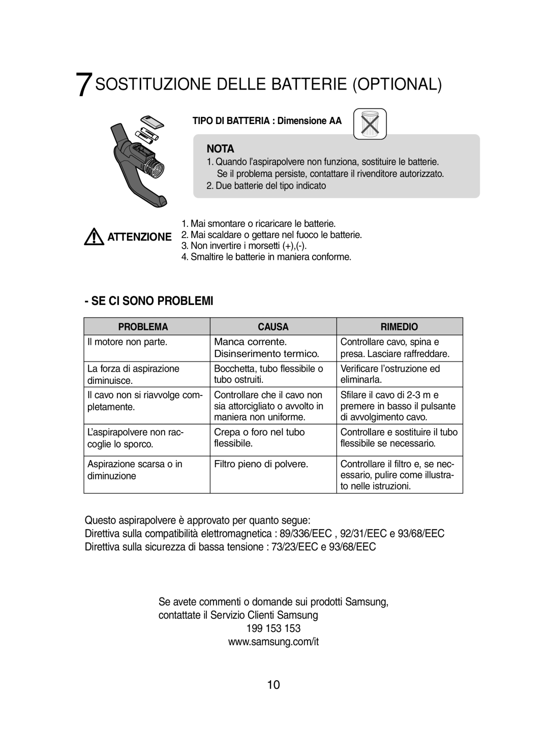 Samsung VCC8460H3W/XET manual Sostituzione Delle Batterie Optional, Problema Causa Rimedio 