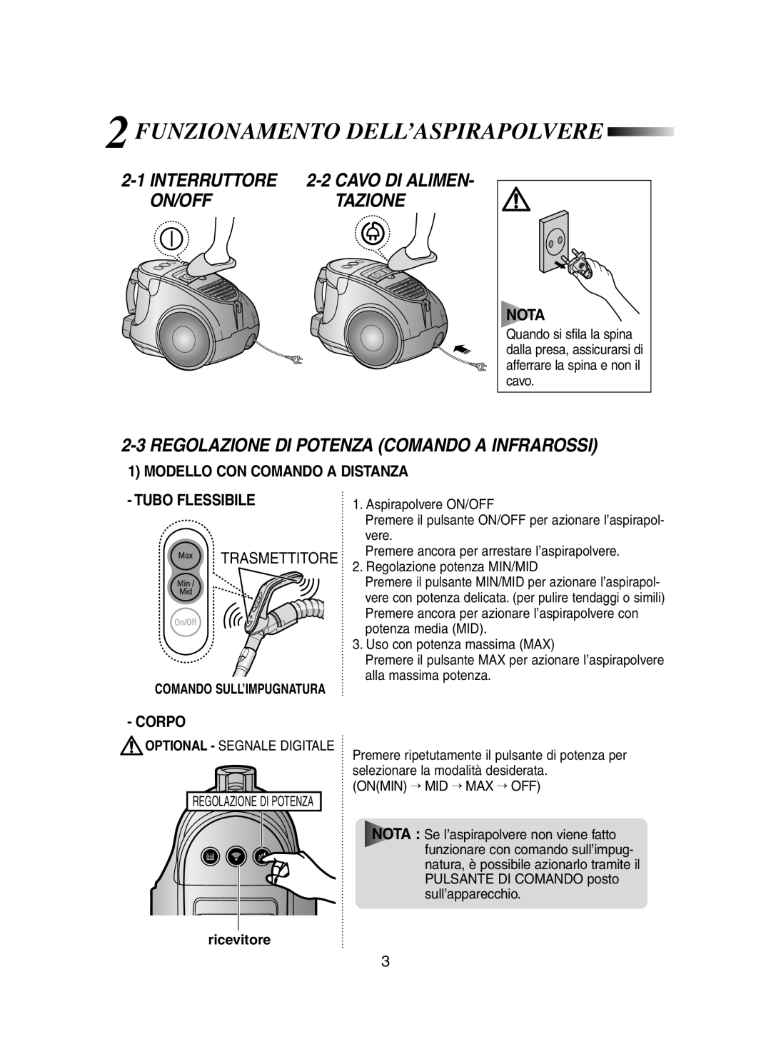 Samsung VCC8460H3W/XET manual Funzionamento DELL’ASPIRAPOLVERE, Interruttore, ON/OFF Tazione, Comando SULL’IMPUGNATURA 