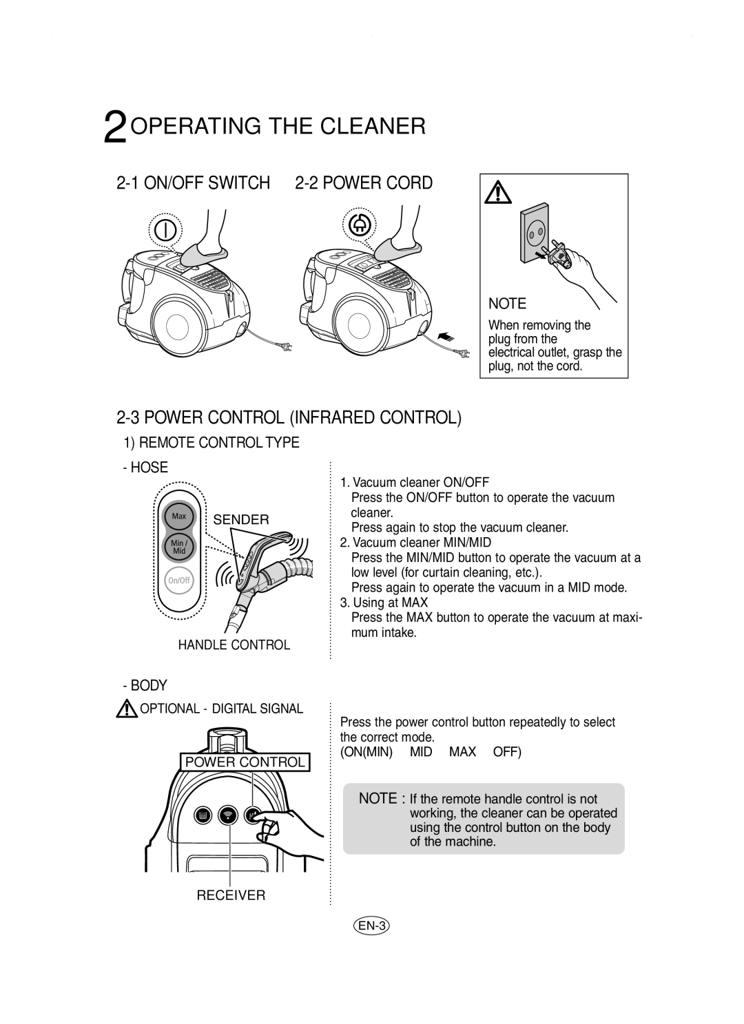 Samsung VCC8481H3R/ANU manual 2OPERATING the Cleaner, ON/OFF Switch 2-2 Power Cord, Power Control Infrared Control 