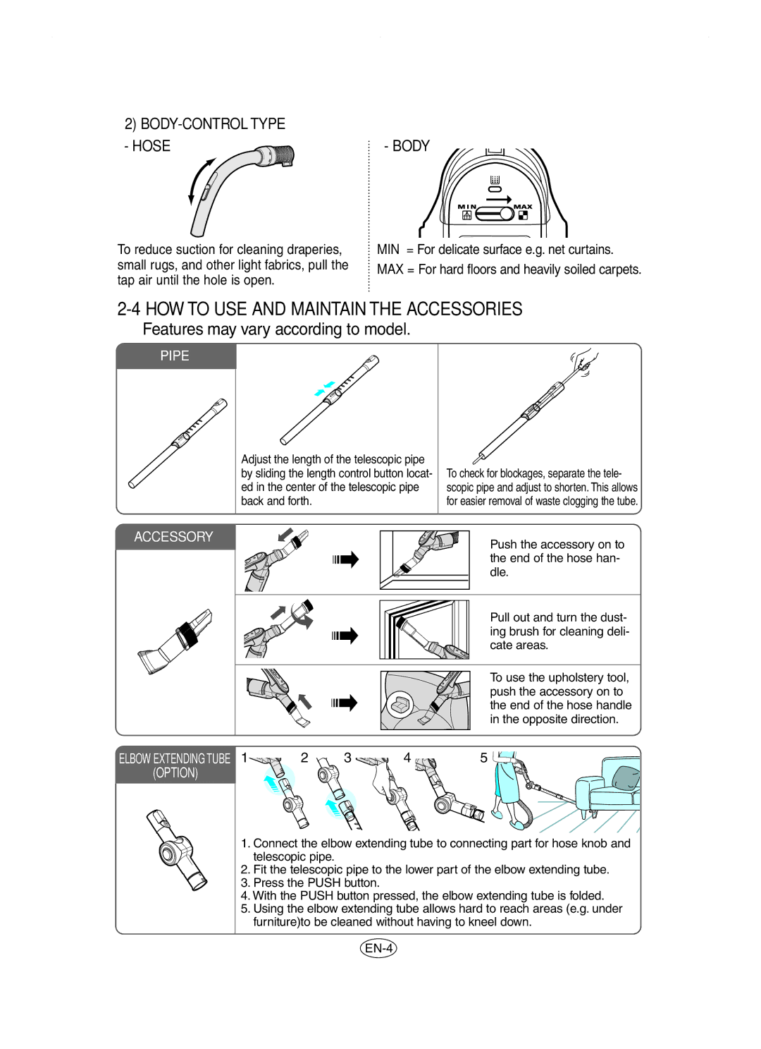 Samsung VCC8481H3R/ANU manual HOW to USE and Maintain the Accessories, BODY-CONTROL Type Hose 