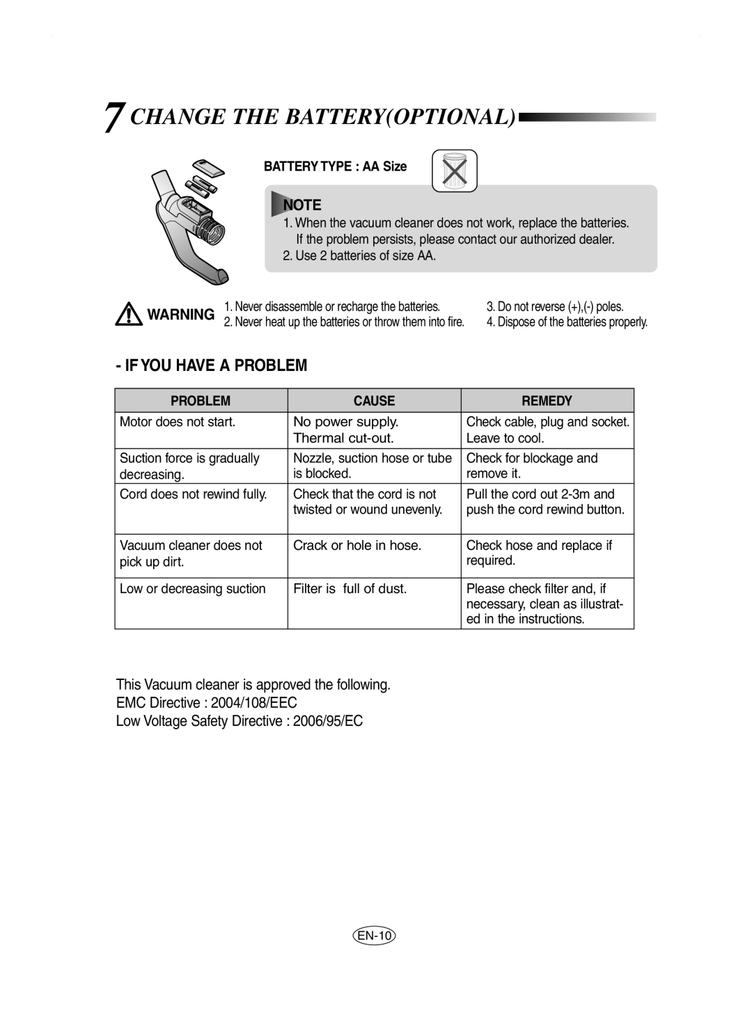 Samsung VCC8481H3R/ANU manual 7CHANGE the Batteryoptional, Battery Type AA Size 