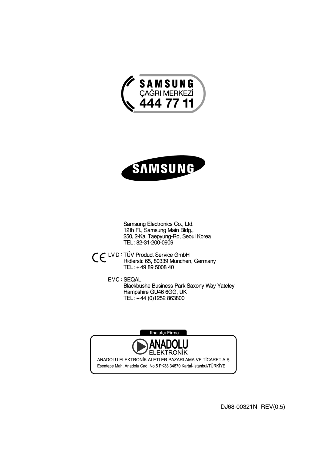 Samsung VCC8481H3R/ANU manual DJ68-00321N REV0.5 