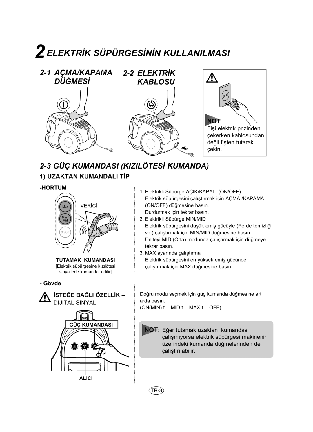 Samsung VCC8481H3R/ANU manual 2ELEKTR‹K SÜPÜRGES‹N‹N Kullanilmasi, AÇMA/KAPAMA 2-2 ELEKTR‹K DÜ⁄MES‹KABLOSU 