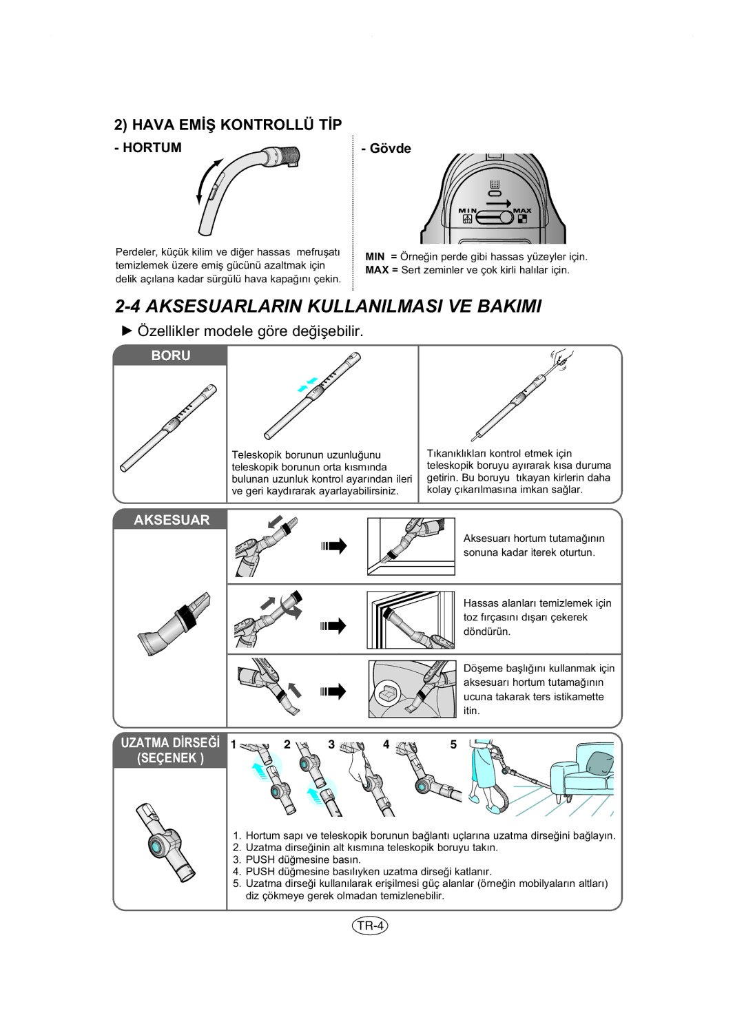 Samsung VCC8481H3R/ANU manual Aksesuarlarin Kullanilmasi VE Bakimi, Hava EM‹ﬁ Kontrollü T‹P 