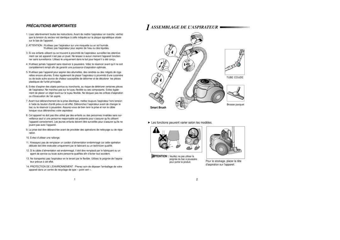 Samsung VCC8550H3K/XEF manual Assemblage DE L’ASPIRATEUR, Les fonctions peuvent varier selon les modèles 