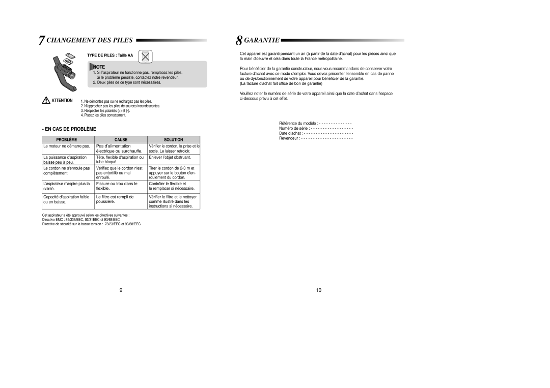 Samsung VCC8550H3K/XEF Changement DES Piles, Garantie, EN CAS DE Problème, Pas d’alimentation, Électrique ou surchauffe 