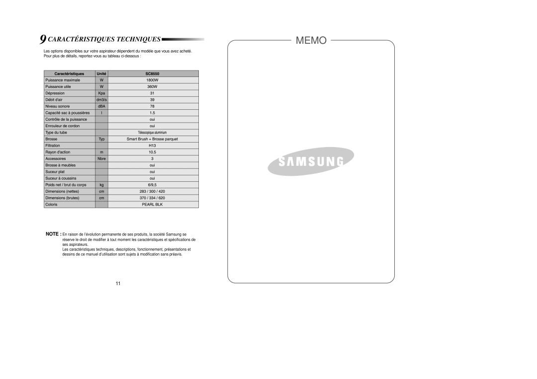 Samsung VCC8550H3K/XEF manual Memo, Caractéristiques Techniques 