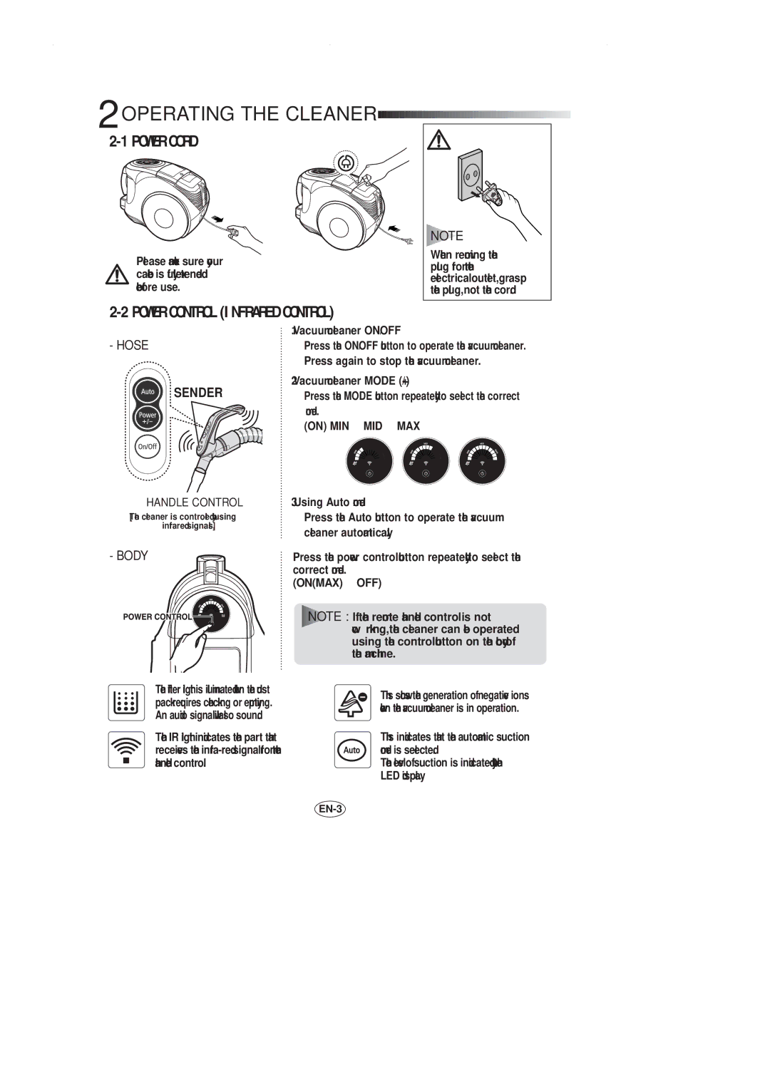 Samsung VCC8551H3S/XEV, VCC8551H2K/UMG, VCC8551H3S/XSG, VCC8551H4S/ATC, VCC8551H3S/BOL manual Operating the Cleaner, Power Cord 