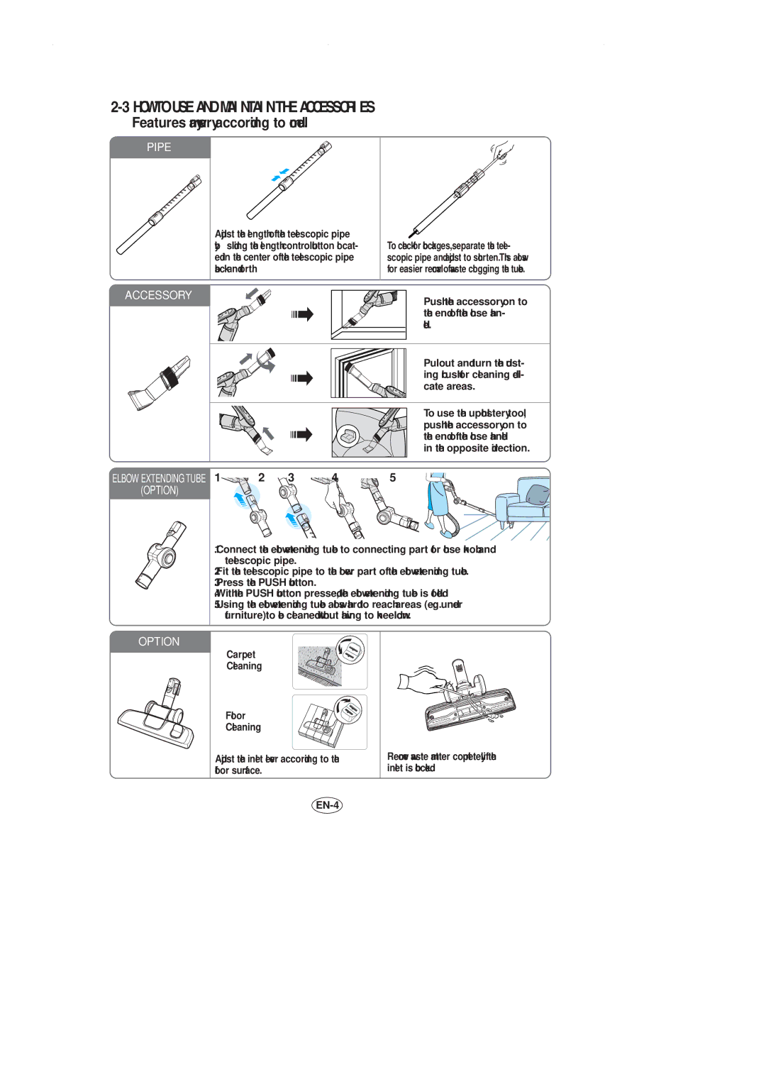 Samsung VCC8551H3S/BOL, VCC8551H2K/UMG, VCC8551H3S/XSG, VCC8551H4S/ATC manual HOW to USE and Maintain the Accessories 