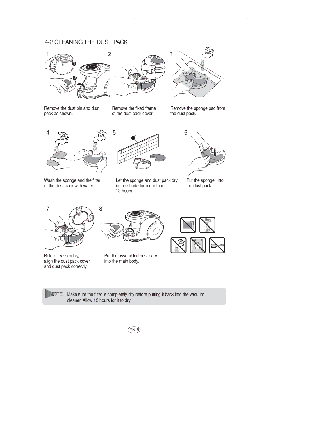 Samsung VCC8551H3S/XEV, VCC8551H2K/UMG, VCC8551H3S/XSG, VCC8551H4S/ATC, VCC8551H3S/BOL manual Cleaning the Dust Pack 