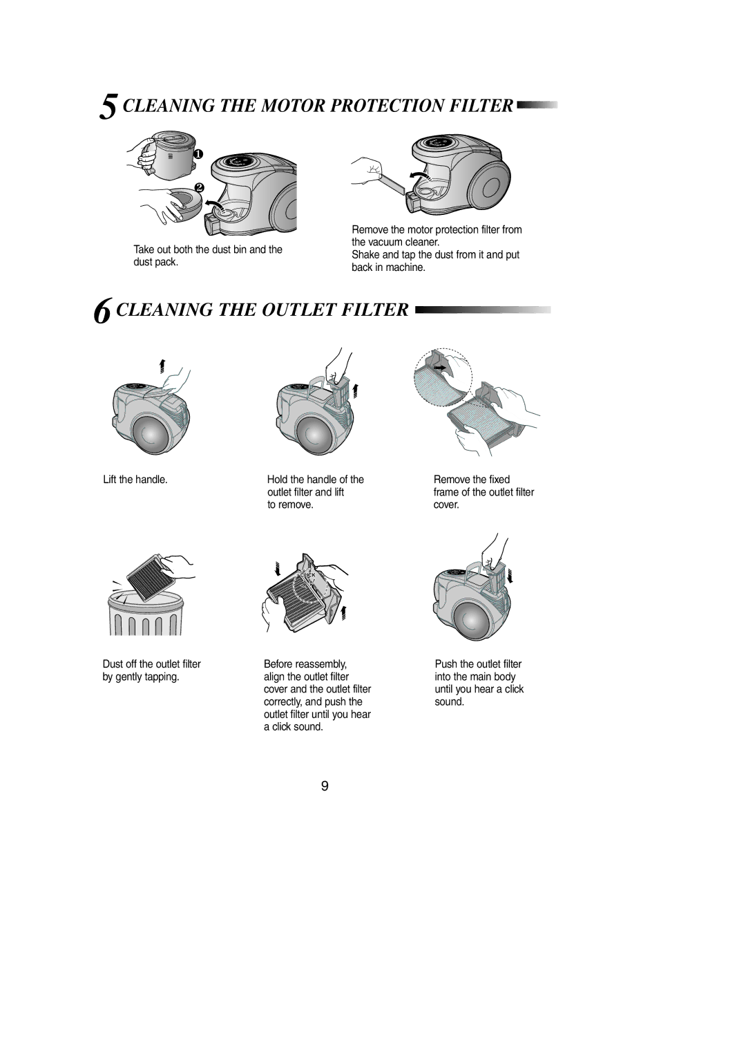 Samsung VCC8551H4S/ATC, VCC8551H2K/UMG, VCC8551H3S/XSG 5CLEANING the Motor Protection Filter, 6CLEANING the Outlet Filter 