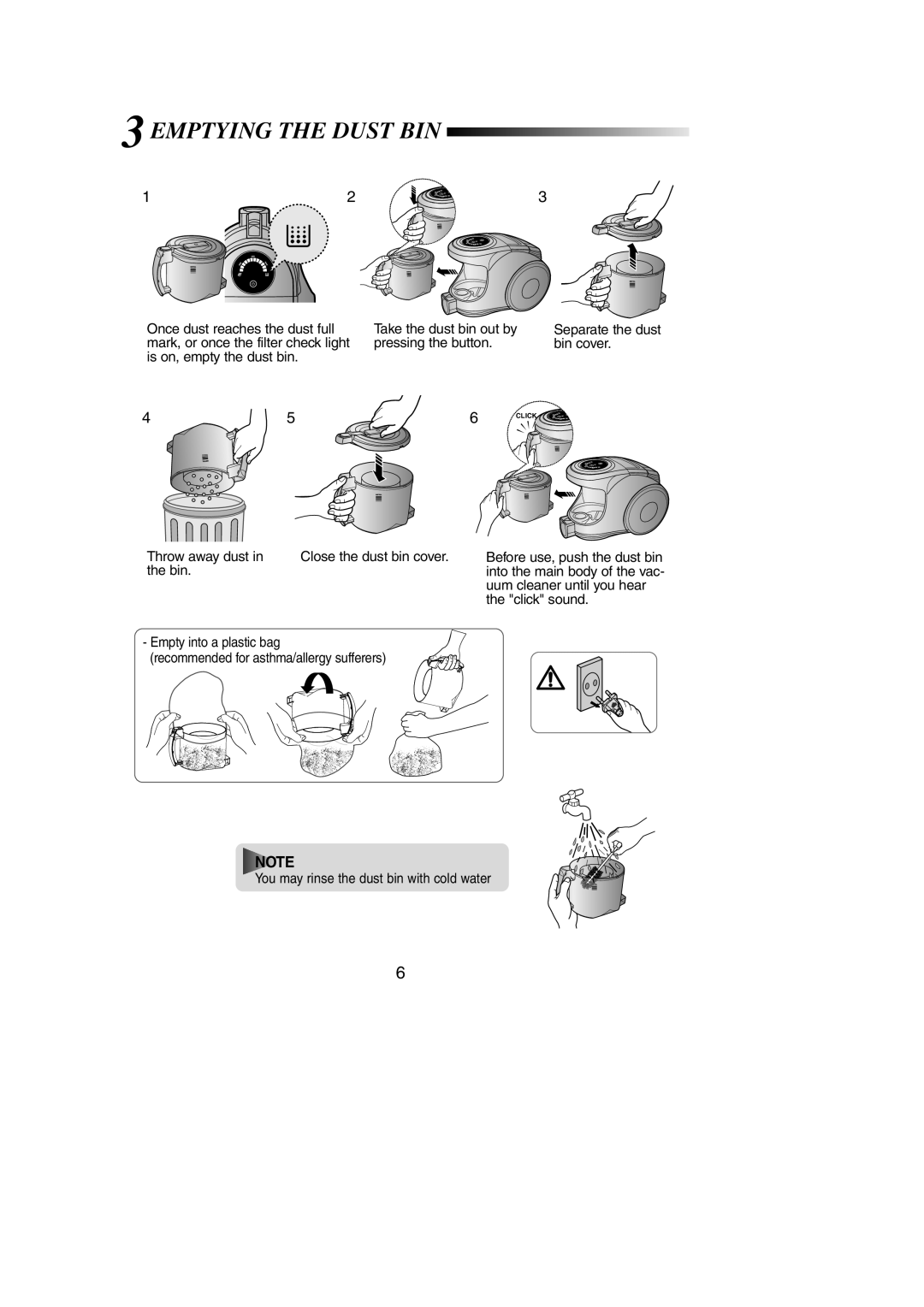 Samsung VCC8551H3S/XEV, VCC8551H2K/UMG manual 3EMPTYING the Dust BIN, Pressing the button Bin cover, Throw away dust 