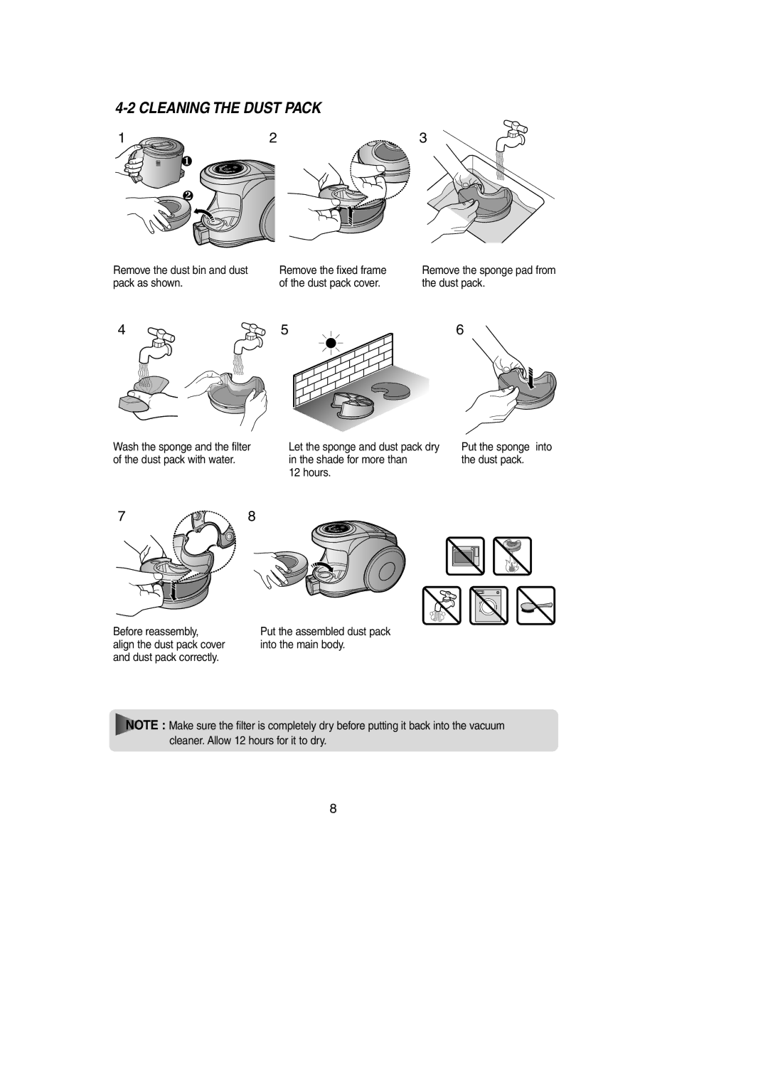 Samsung VCC8551H3S/XSG, VCC8551H2K/UMG manual Cleaning the Dust Pack, Remove the dust bin and dust Remove the fixed frame 