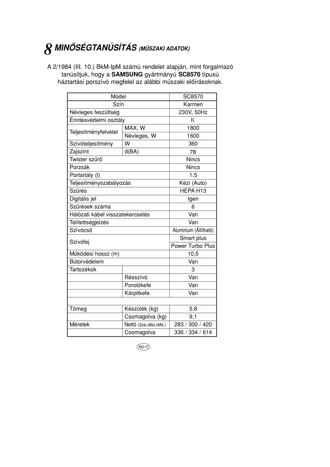 Samsung VCC8570H3C/XEH manual Minôségtanúsítás Müszaki Adatok 