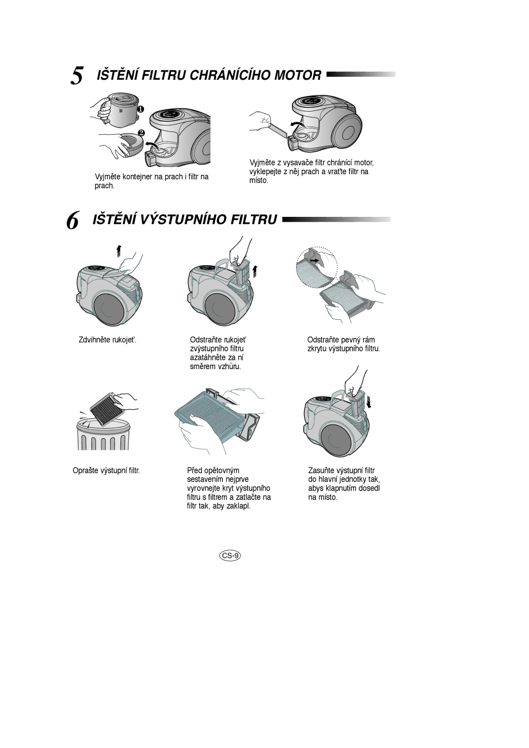 Samsung VCC8570H3C/XEH manual ČIŠTùNÍ Filtru Chránícího Motor 