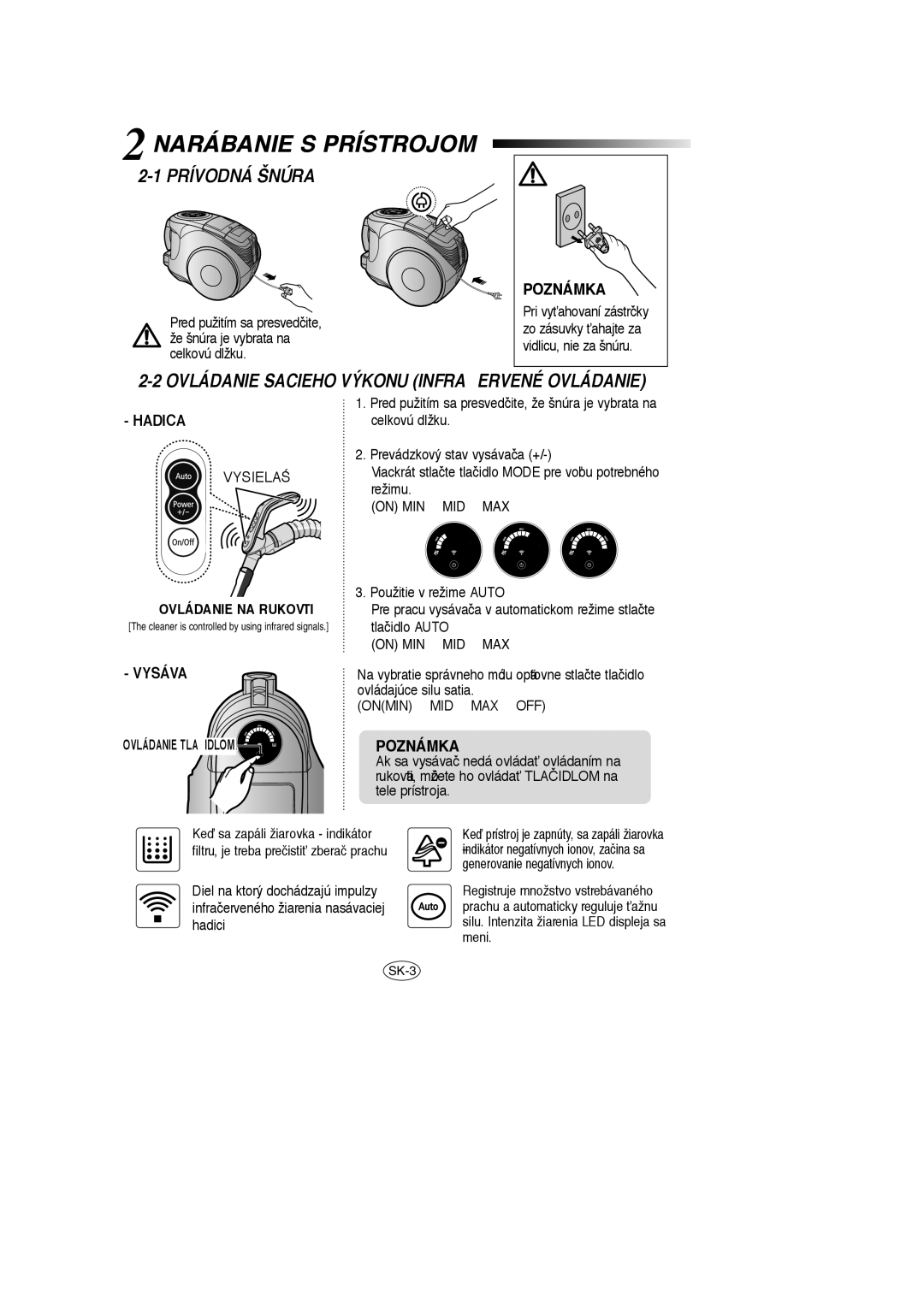 Samsung VCC8570H3C/XEH manual Narábanie S Prístrojom, Prívodná Šnúra 