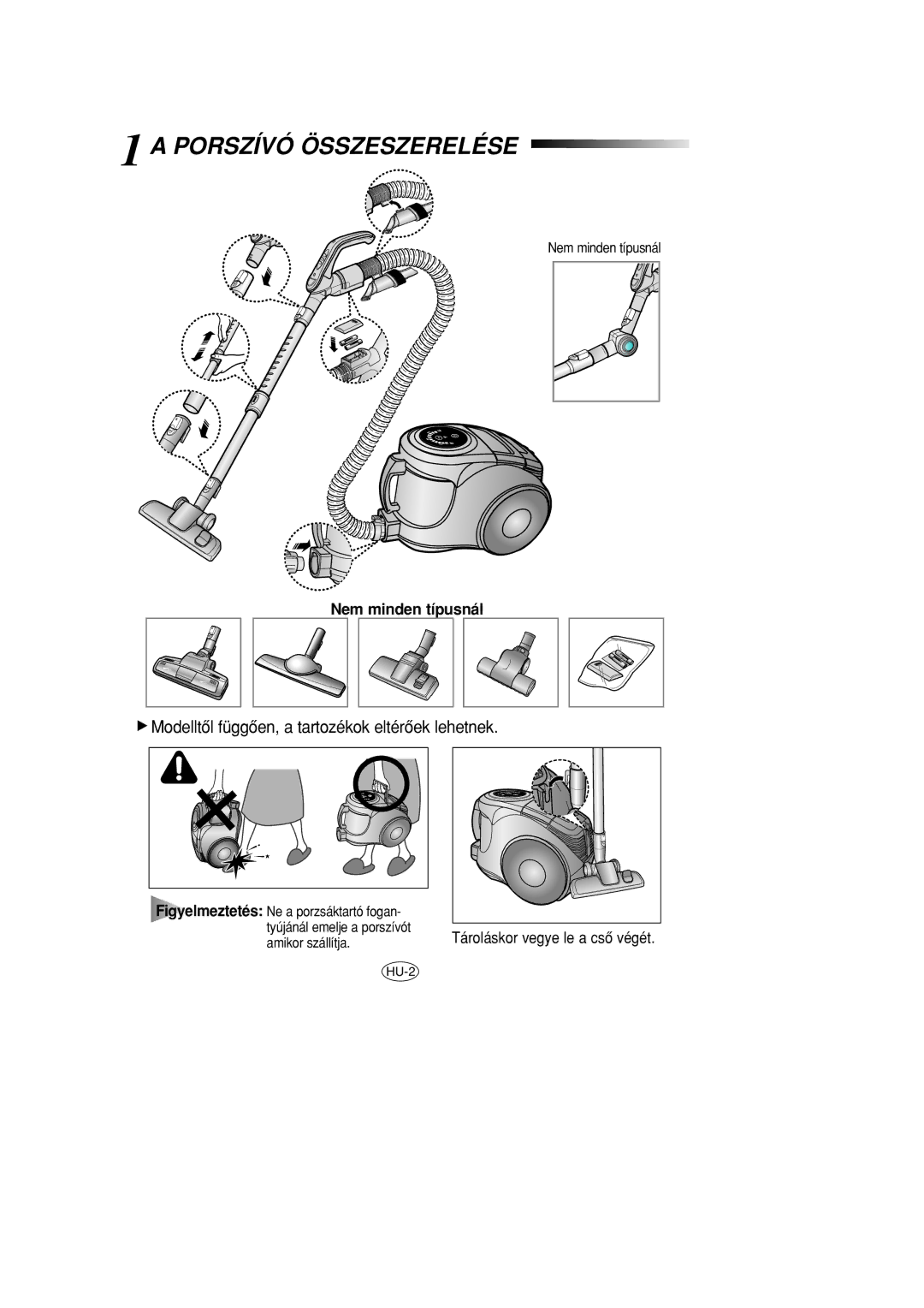 Samsung VCC8570H3C/XEH manual Porszívó Összeszerelése, Modelltôl függôen, a tartozékok eltérôek lehetnek 