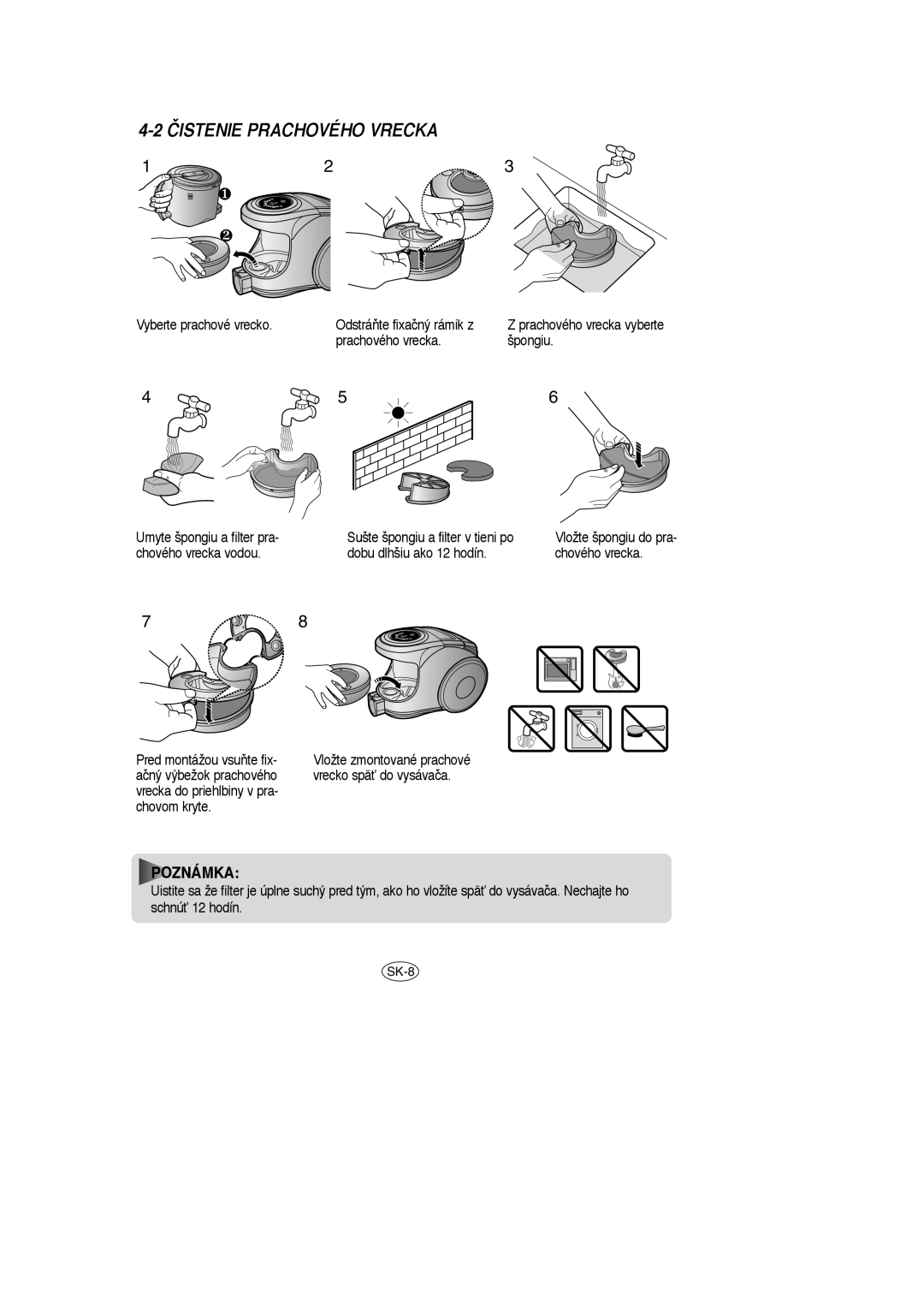 Samsung VCC8570H3C/XEH manual Čistenie Prachového Vrecka 