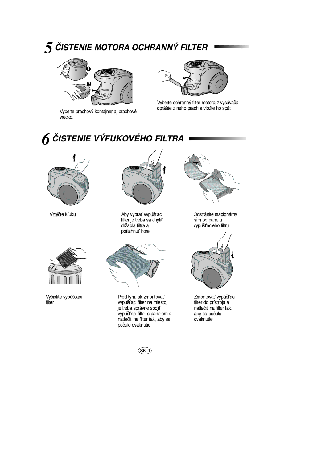 Samsung VCC8570H3C/XEH manual Čistenie Motora Ochranný Filter, Čistenie Výfukového Filtra 