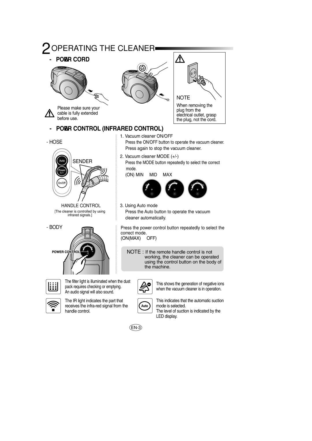 Samsung VCC8570H3C/XEH manual Power Cord, Power Control Infrared Control 