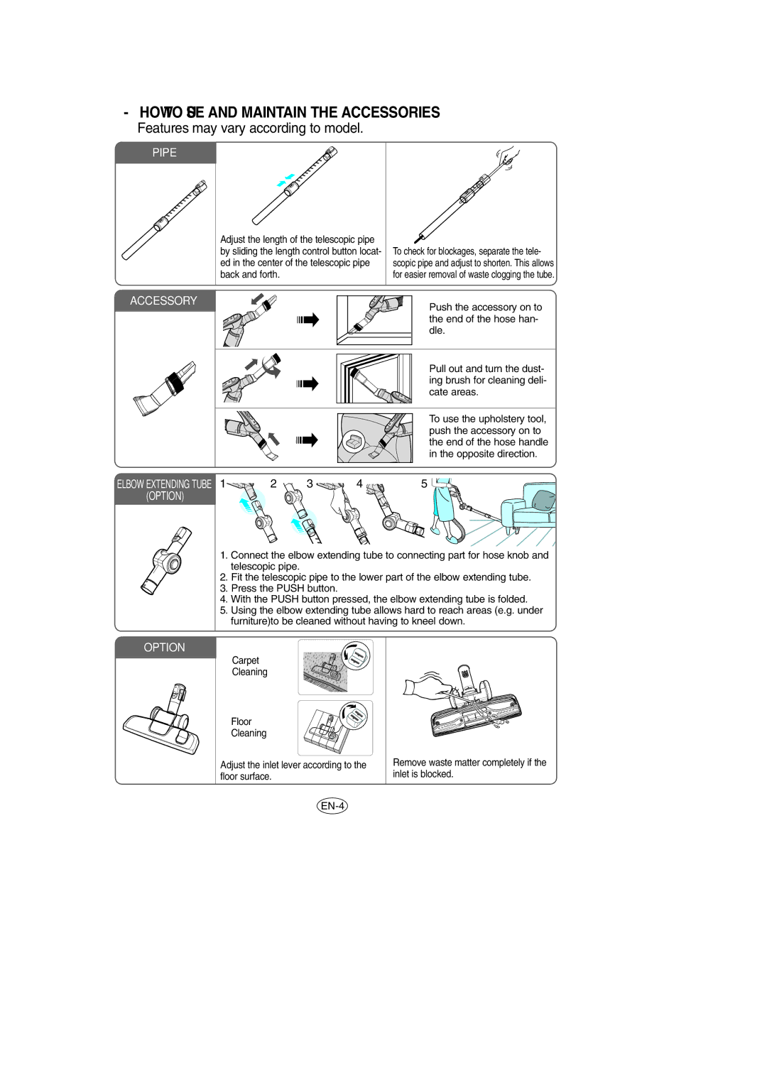 Samsung VCC8570H3C/XEH manual HOW to USE and Maintain the Accessories, Pipe 