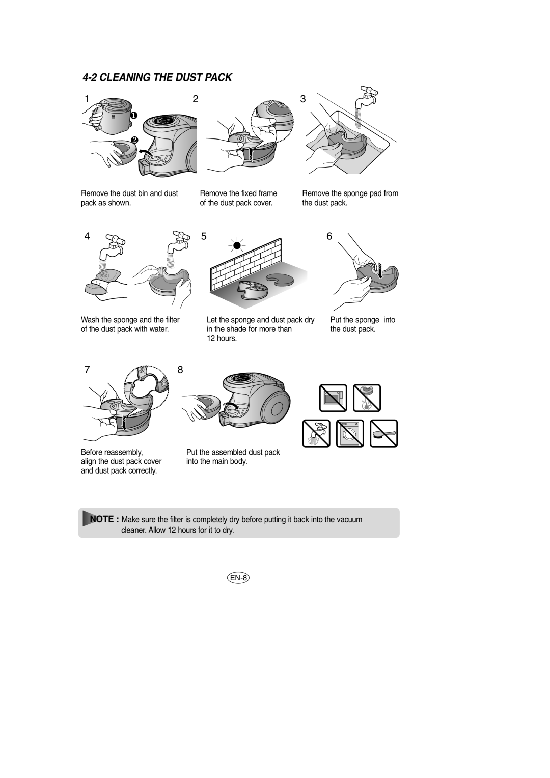 Samsung VCC8570H3C/XEH manual Cleaning the Dust Pack, Pack as shown Dust pack cover 