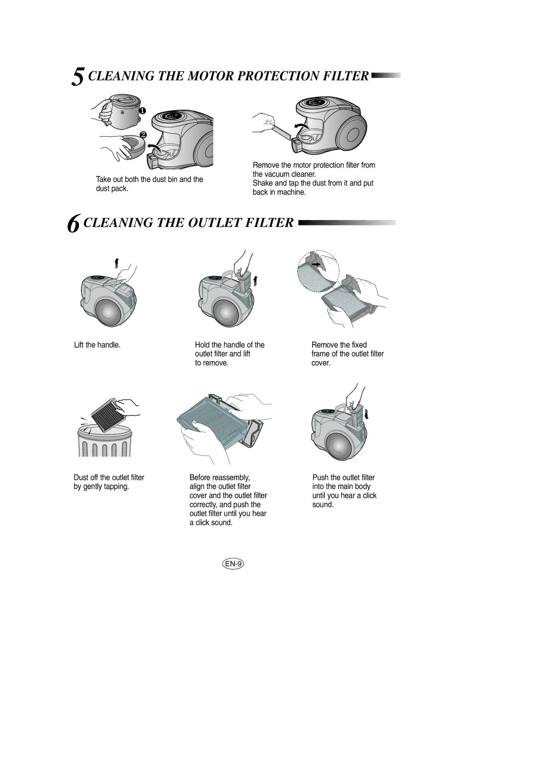 Samsung VCC8570H3C/XEH manual 5CLEANING the Motor Protection Filter 