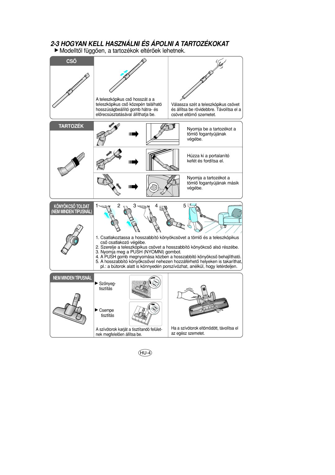 Samsung VCC8570H3C/XEH manual Hogyan Kell Használni ÉS Ápolni a Tartozékokat, Csô 