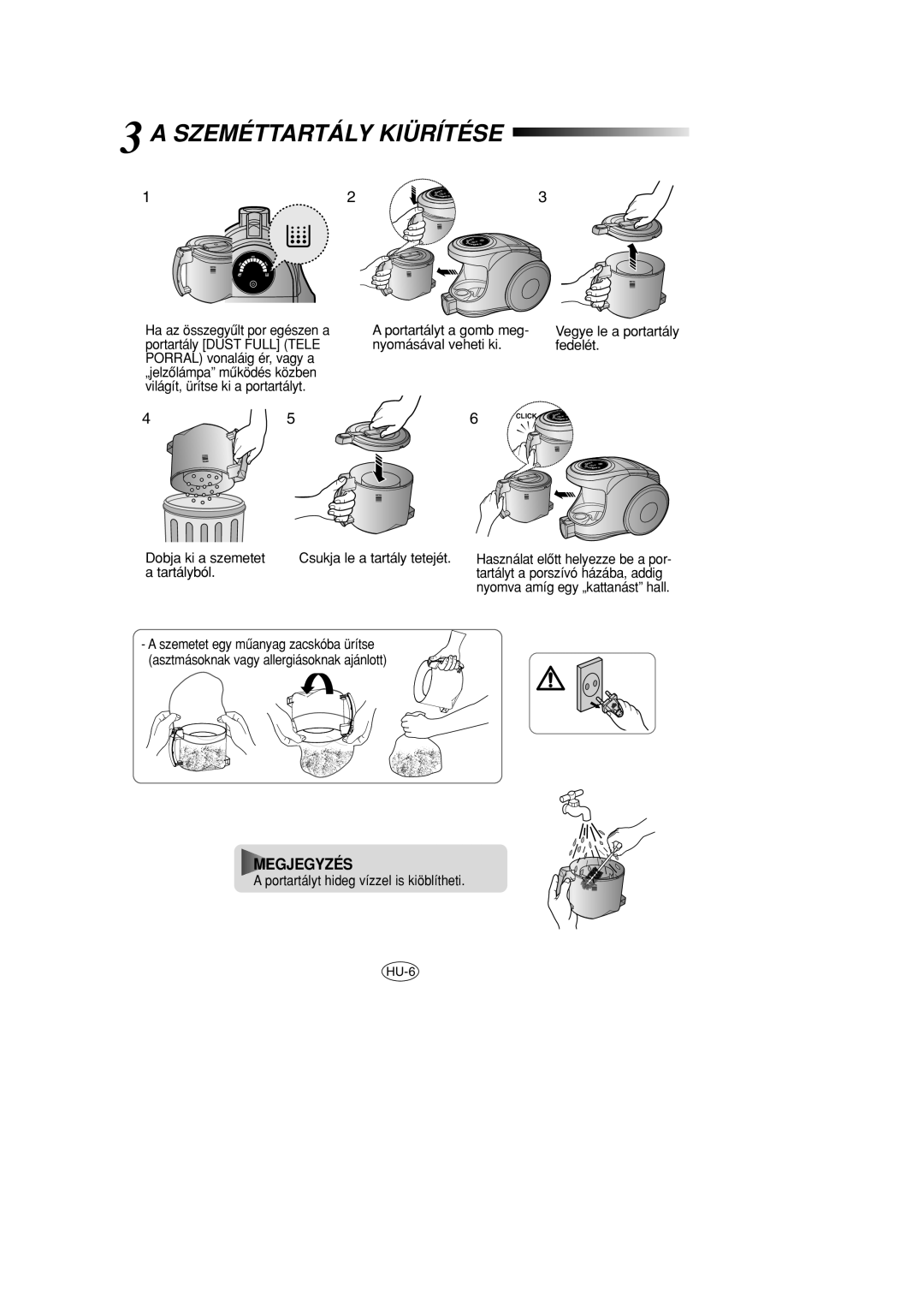 Samsung VCC8570H3C/XEH manual Szeméttartály Kiürítése 