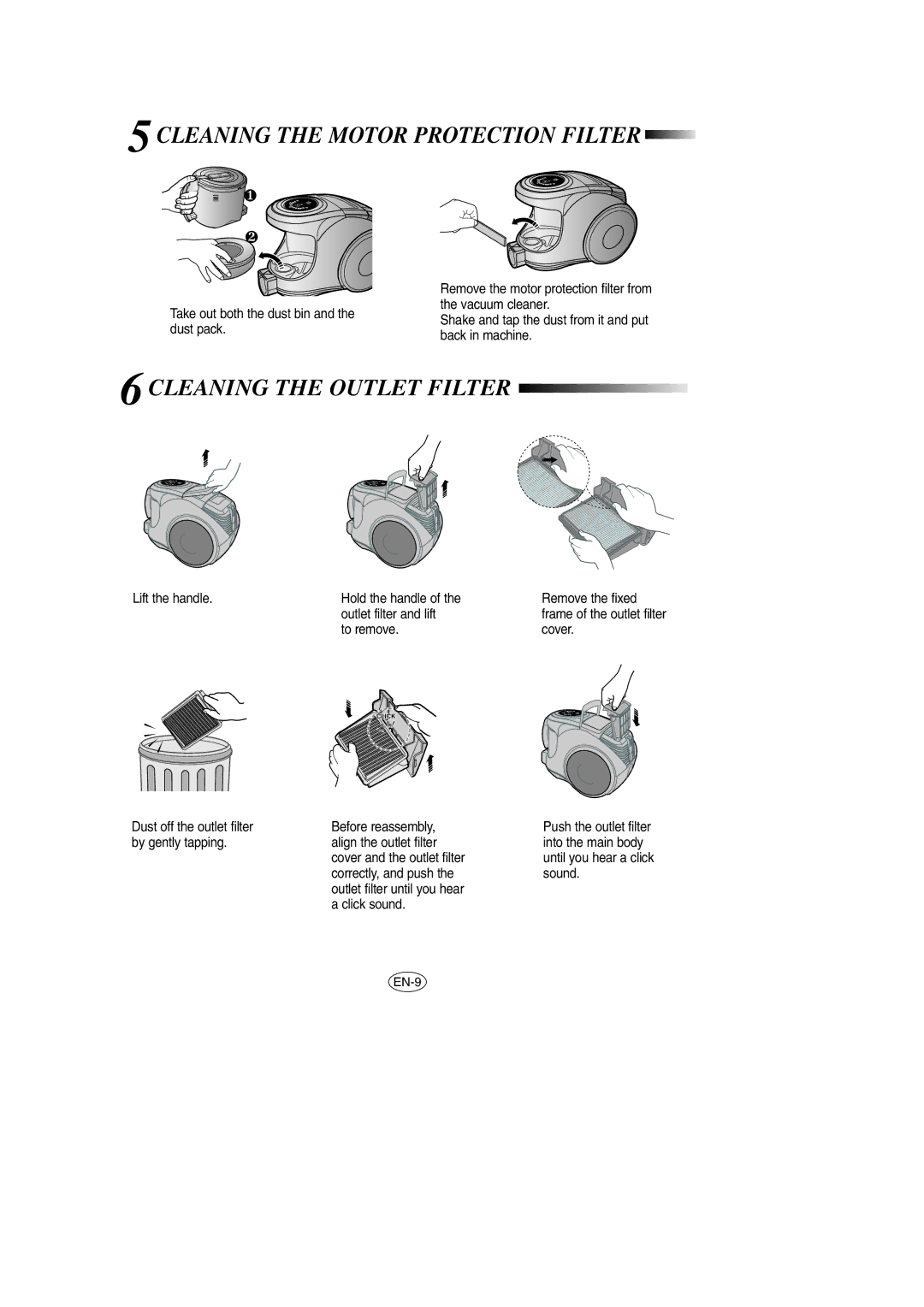 Samsung VCC8571H3K/XEV, VCC8571H3K/SBW manual 5CLEANING the Motor Protection Filter, 6CLEANING the Outlet Filter 