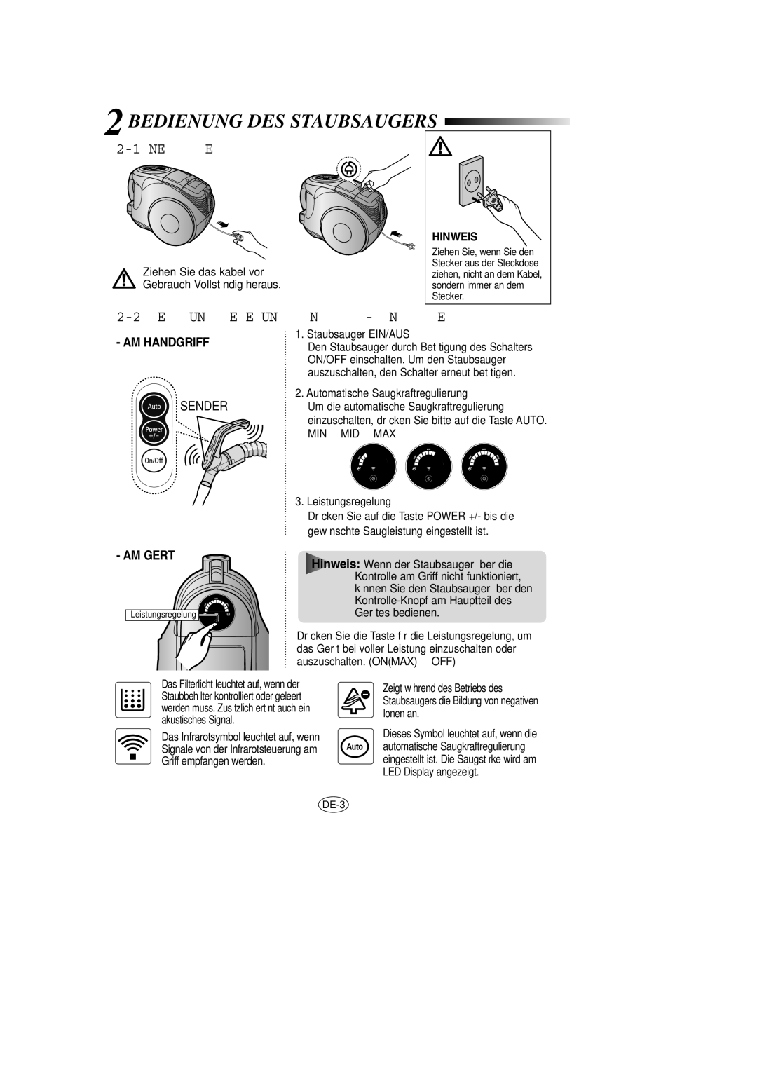 Samsung VCC8571H3K/SBW manual Bedienung DES Staubsaugers, Netzkabel, Leistungsregelung INFRAROT-KONTROLLE, Hinweis 