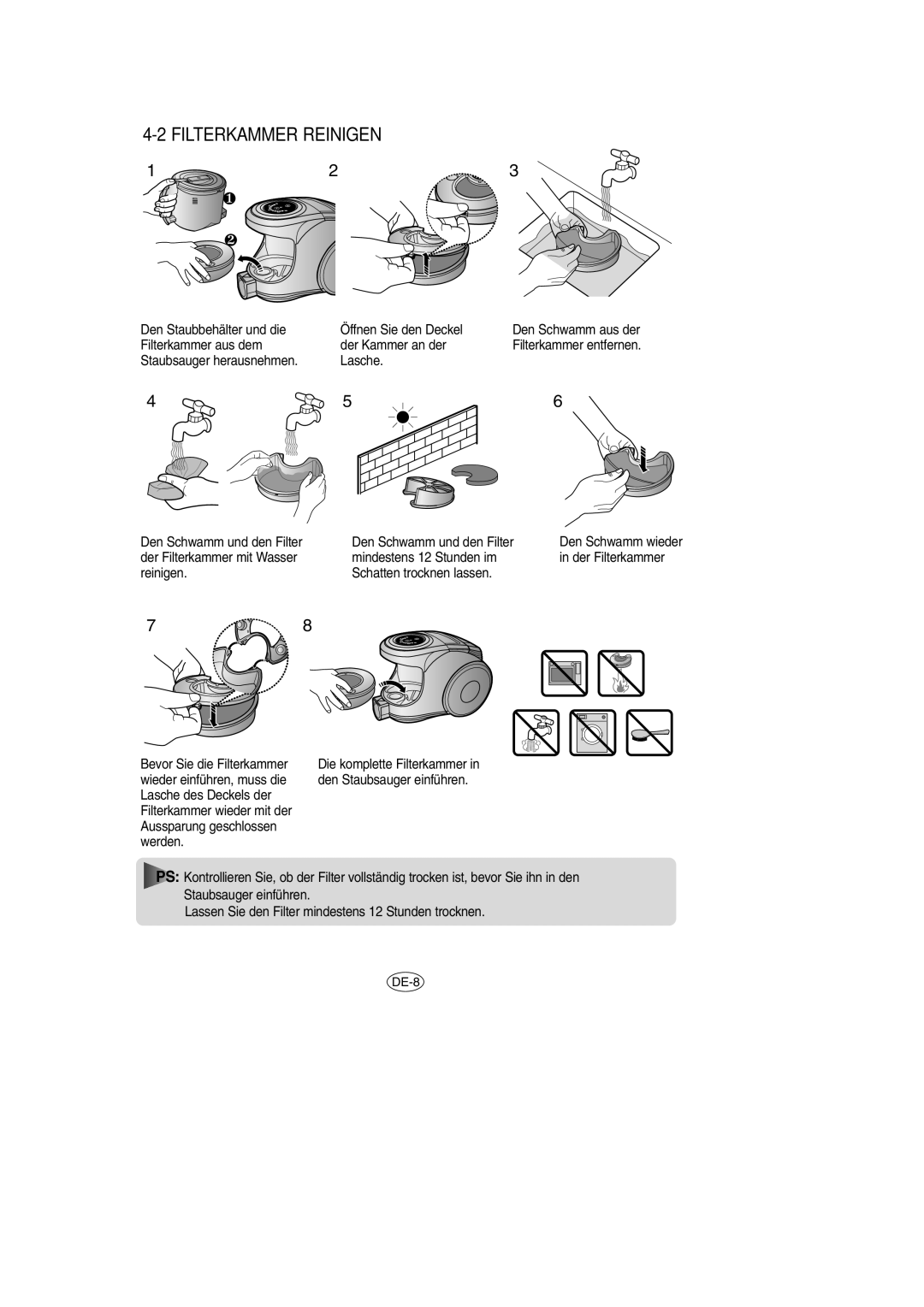 Samsung VCC8571H3K/XEV, VCC8571H3K/SBW manual Filterkammer Reinigen 