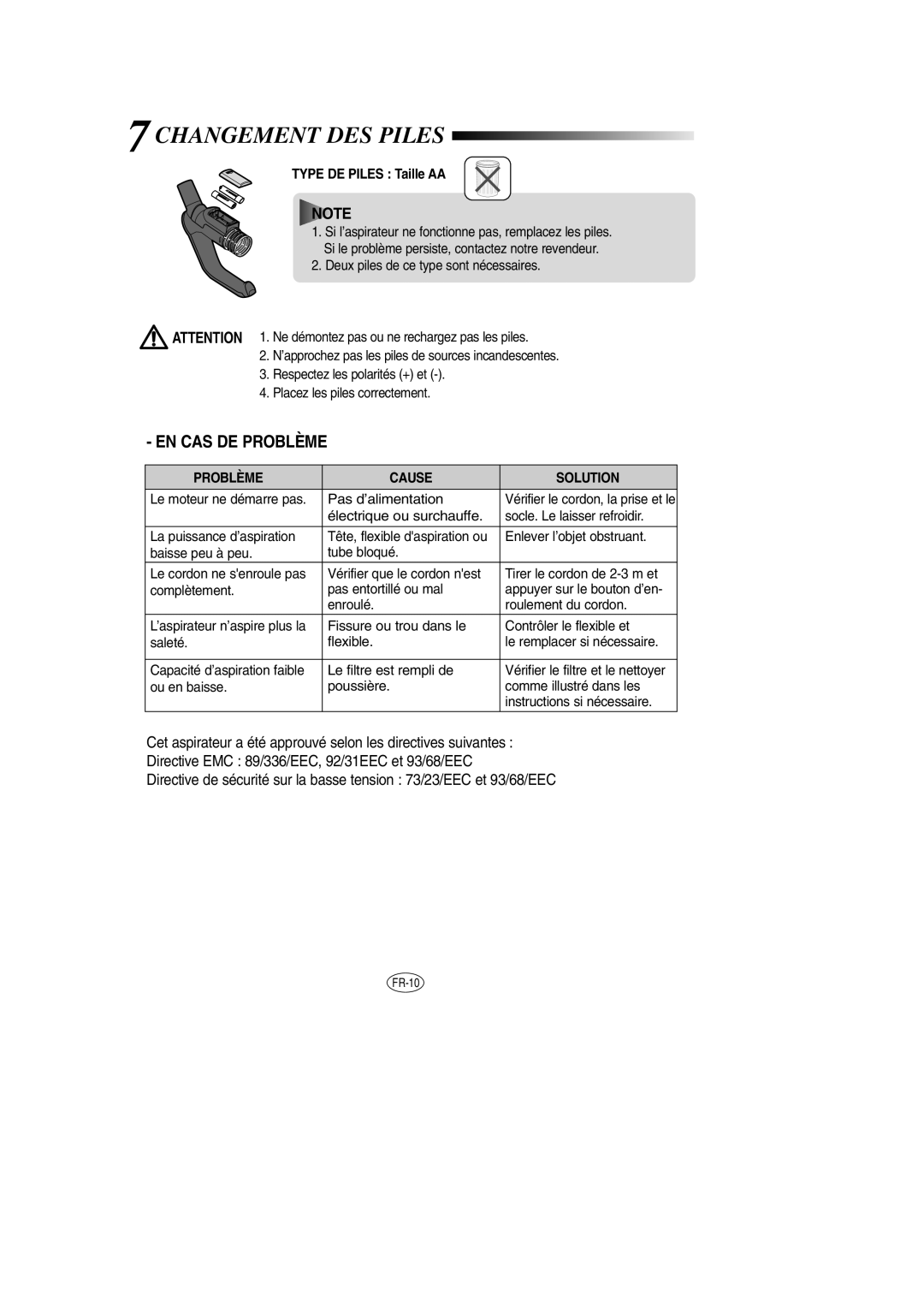 Samsung VCC8571H3K/SBW, VCC8571H3K/XEV manual Changement DES Piles, Problème Cause Solution 