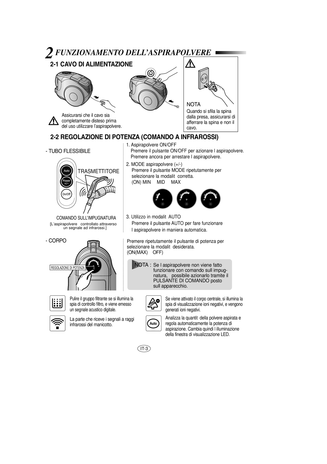 Samsung VCC8571H3K/SBW, VCC8571H3K/XEV manual Funzionamento DELL’ASPIRAPOLVERE, Cavo DI Alimentazione 