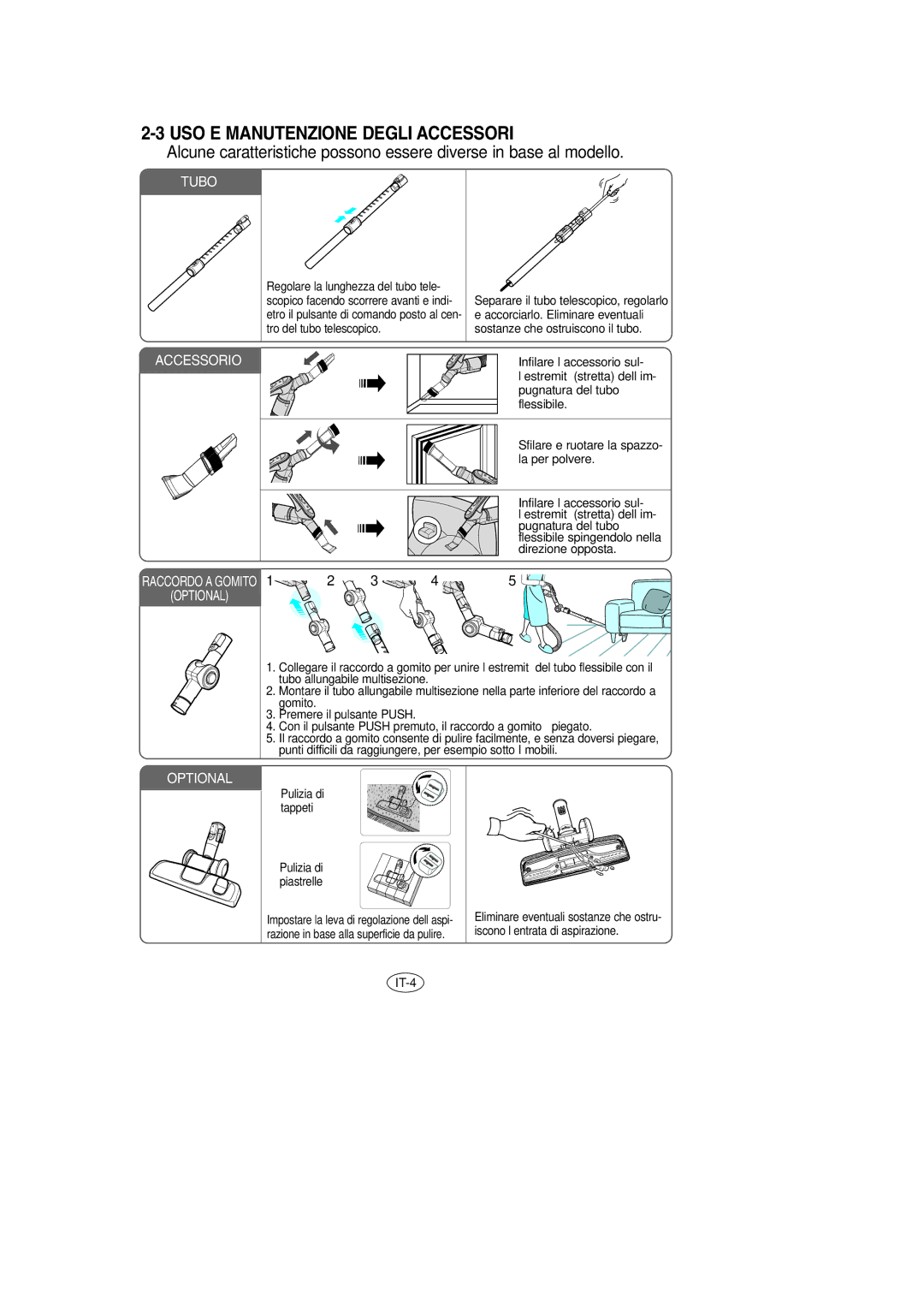 Samsung VCC8571H3K/XEV, VCC8571H3K/SBW manual USO E Manutenzione Degli Accessori, Tubo 