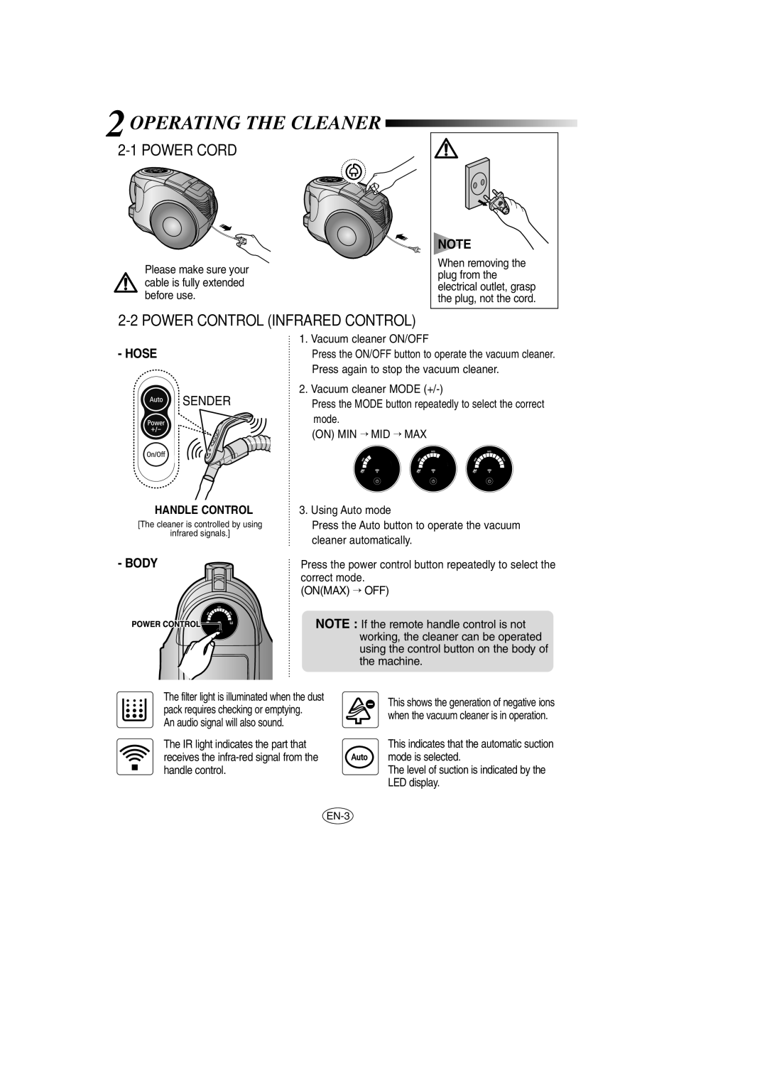 Samsung VCC8571H3K/XEV manual 2OPERATING the Cleaner, Power Cord, Power Control Infrared Control, Hose, Handle Control 