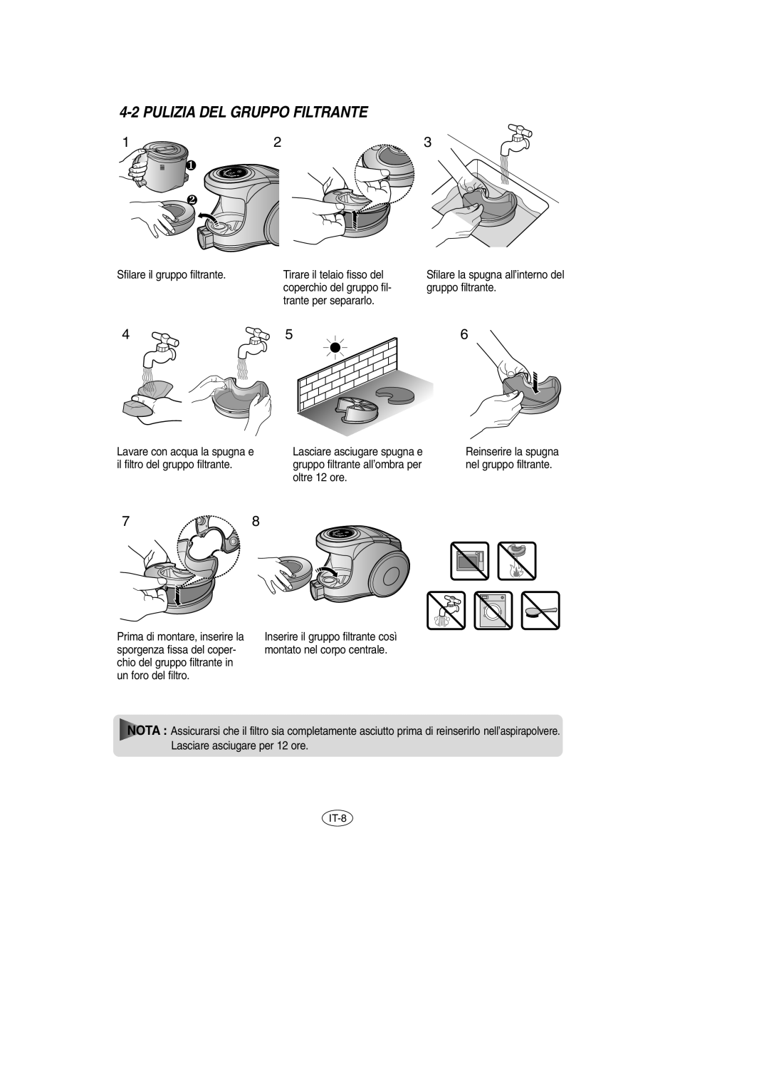 Samsung VCC8571H3K/XEV, VCC8571H3K/SBW manual Pulizia DEL Gruppo Filtrante 