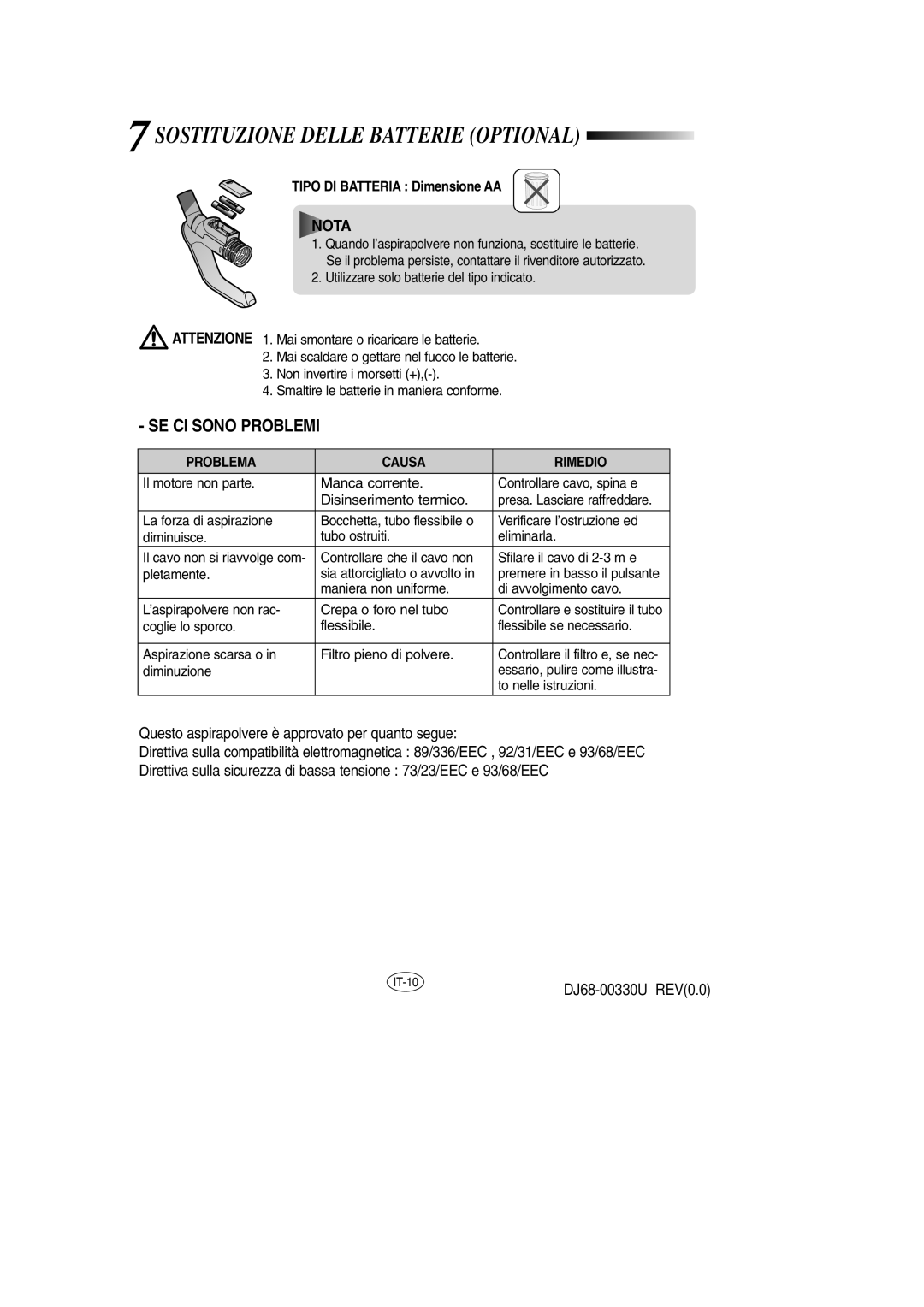 Samsung VCC8571H3K/XEV Sostituzione Delle Batterie Optional, Problema Causa Rimedio, Diminuzione, To nelle istruzioni 