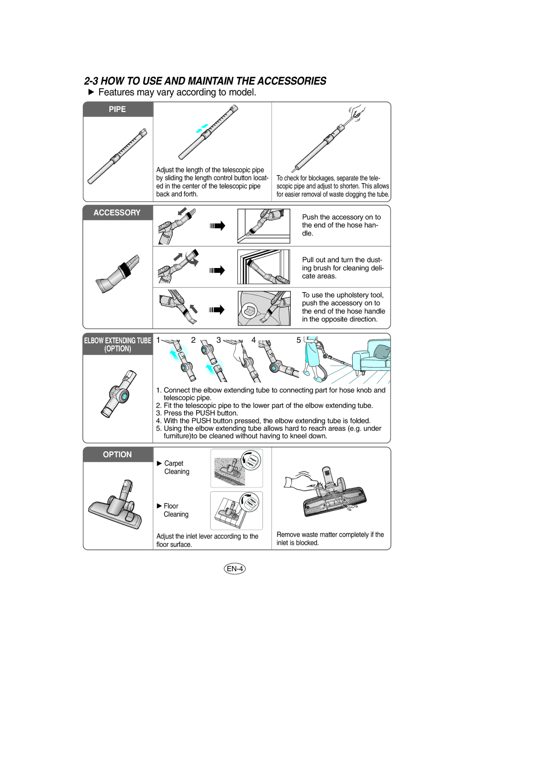 Samsung VCC8571H3K/SBW, VCC8571H3K/XEV manual HOW to USE and Maintain the Accessories, Pipe 