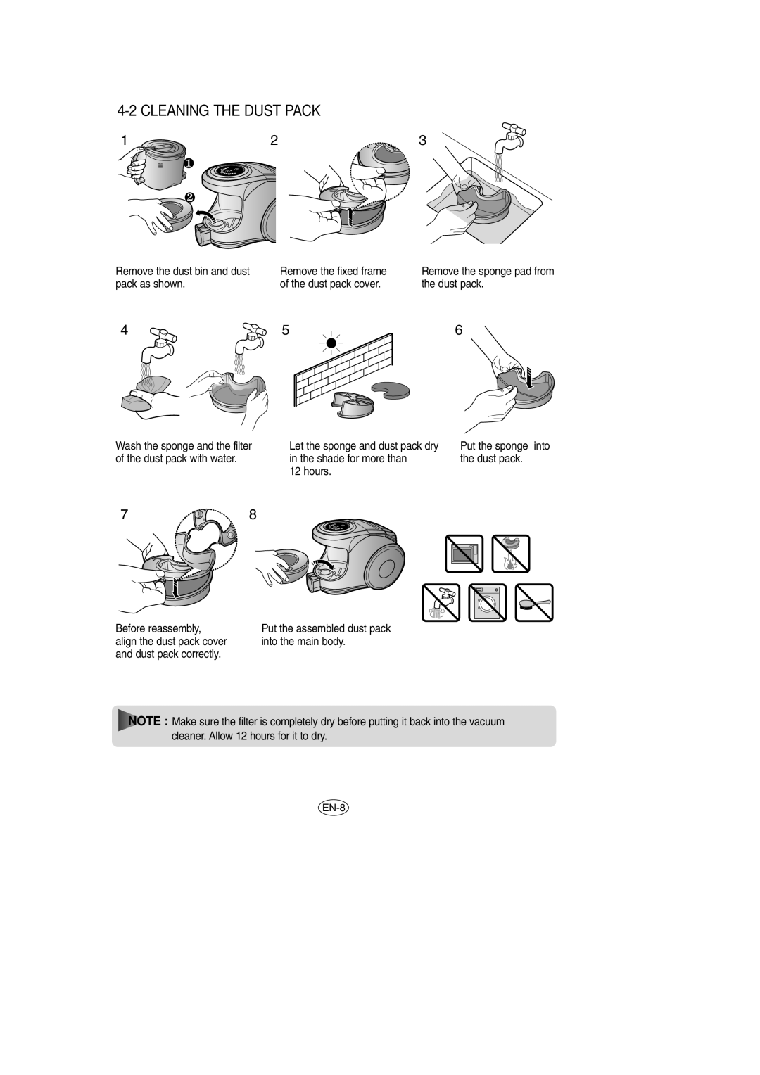 Samsung VCC8571H3K/SBW, VCC8571H3K/XEV manual Cleaning the Dust Pack, Remove the dust bin and dust Remove the fixed frame 