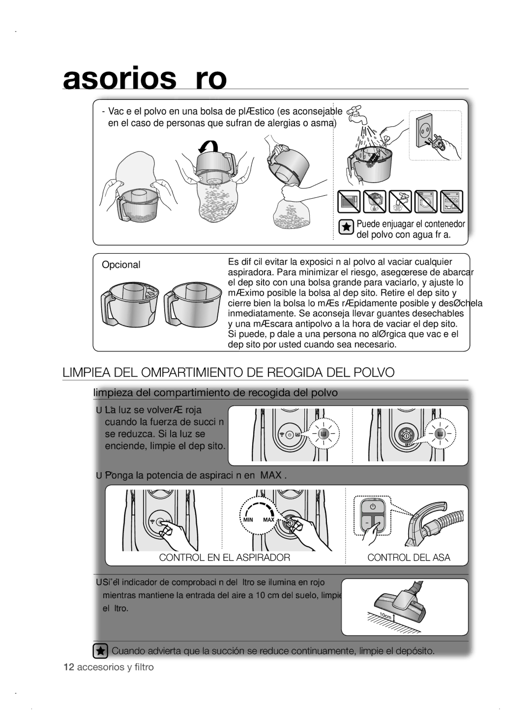 Samsung VCC8680V3A/XEC manual LIMpIEza DEl CoMpaRTIMIENTo DE RECoGIDa DEl polVo, Del polvo con agua fría, Opcional 