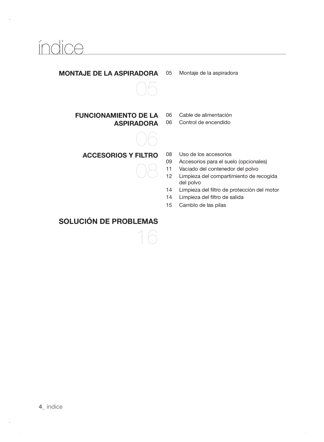 Samsung VCC8680V3A/XEC, VCC8680V3A/ANU manual Índice, Accesorios y fILTRO 