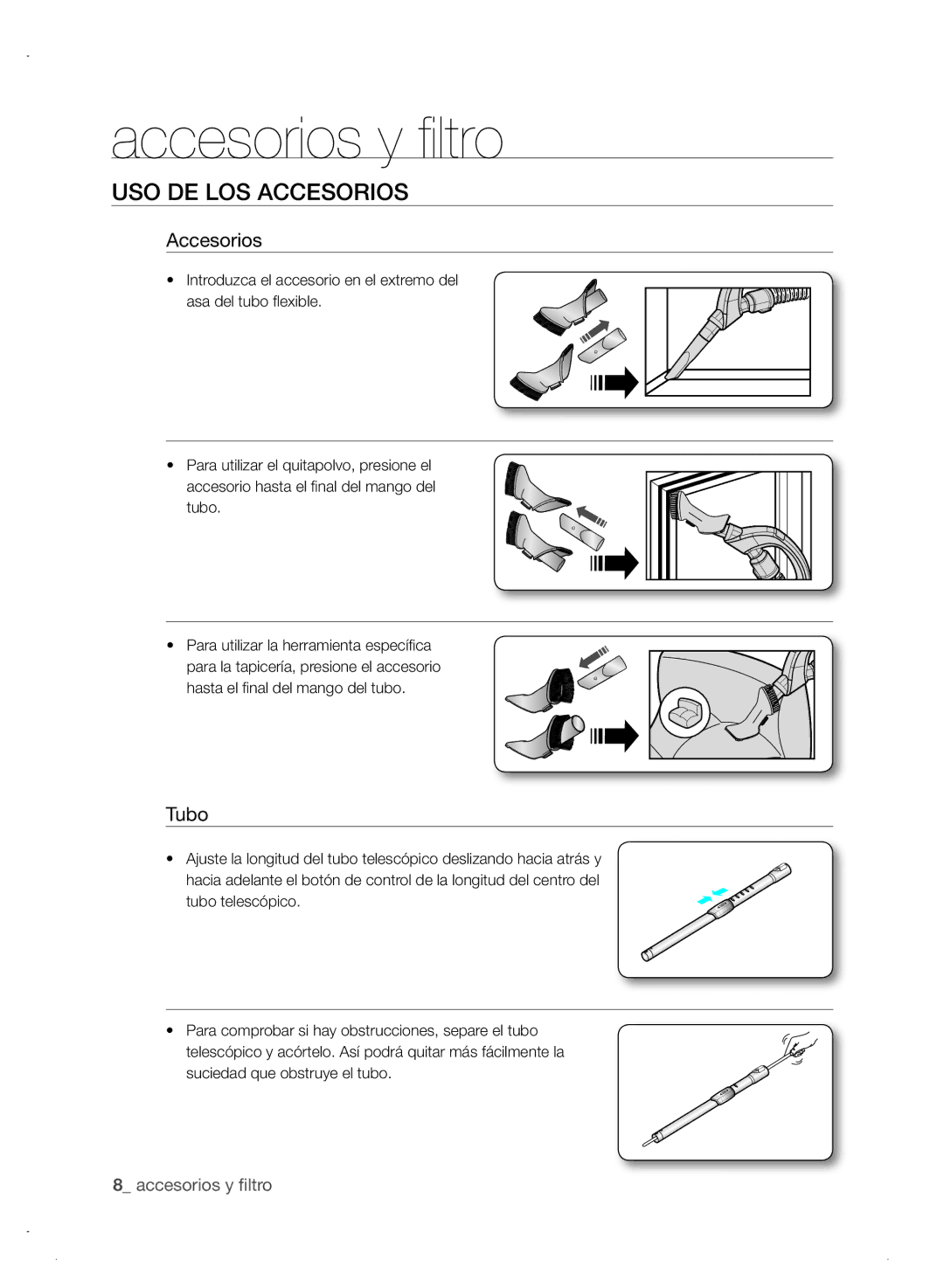 Samsung VCC8680V3A/XEC, VCC8680V3A/ANU manual Accesorios y filtro, Uso DE los aCCEsoRIos, Tubo 