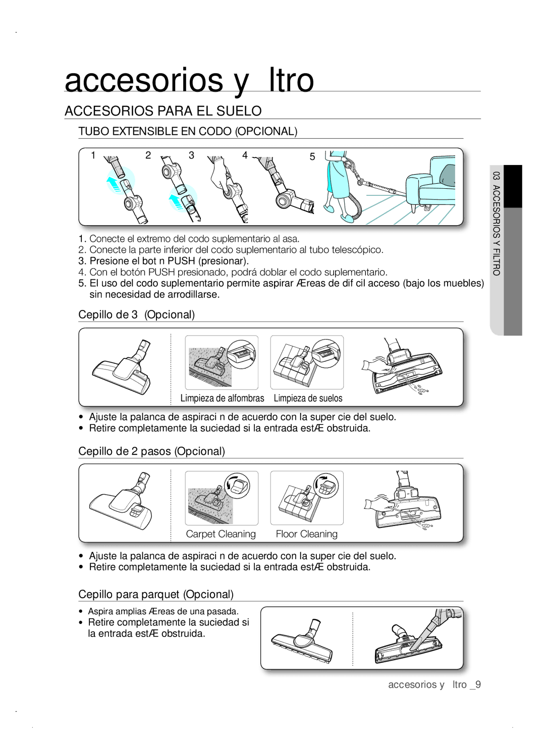 Samsung VCC8680V3A/ANU manual ACCEsoRIos paRa El sUElo, Cepillo de 3 Opcional, Cepillo de 2 pasos Opcional, Carpet Cleaning 