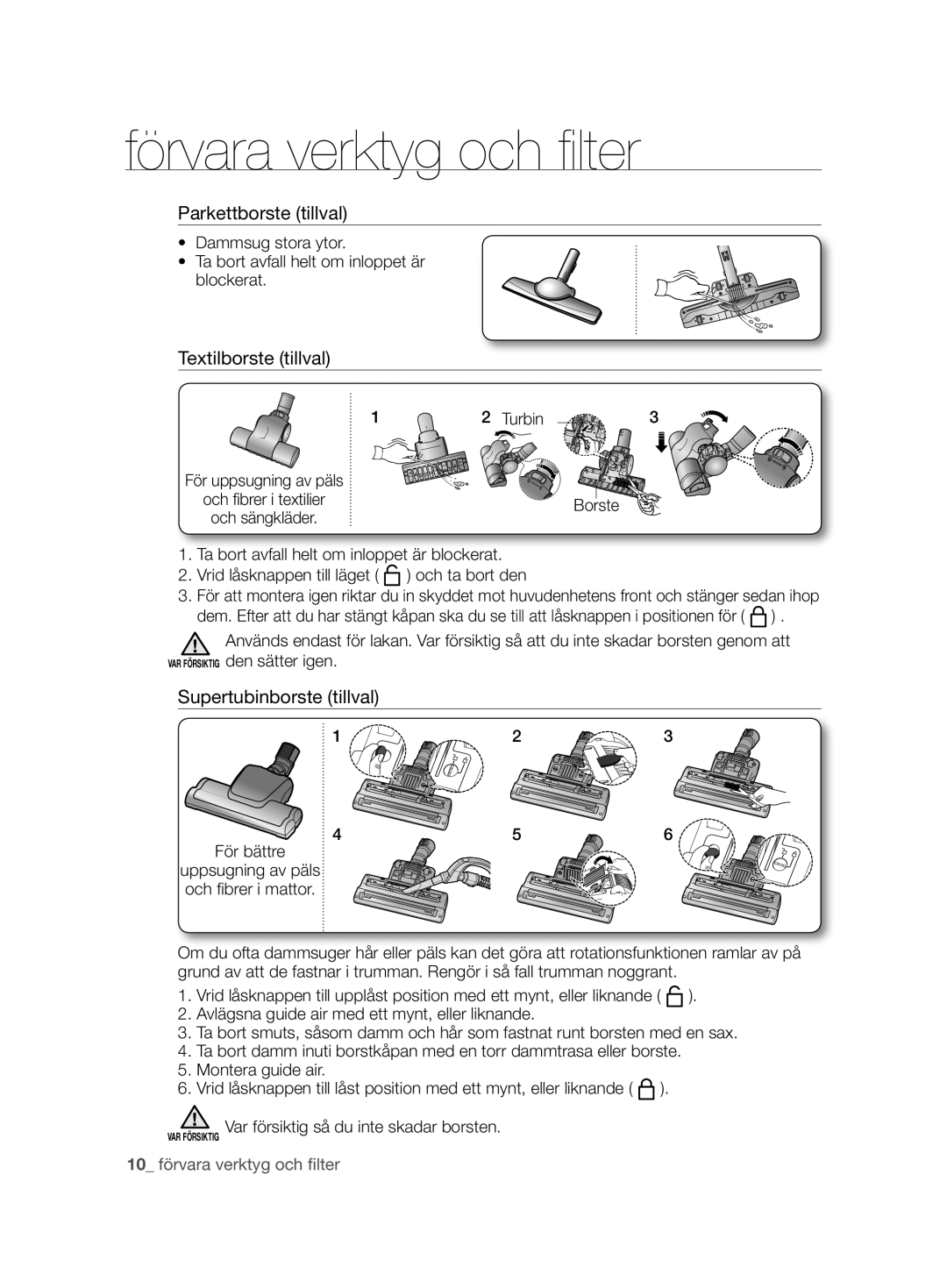 Samsung VCC8680V3K/XEE manual Parkettborste tillval, Textilborste tillval, Supertubinborste tillval 