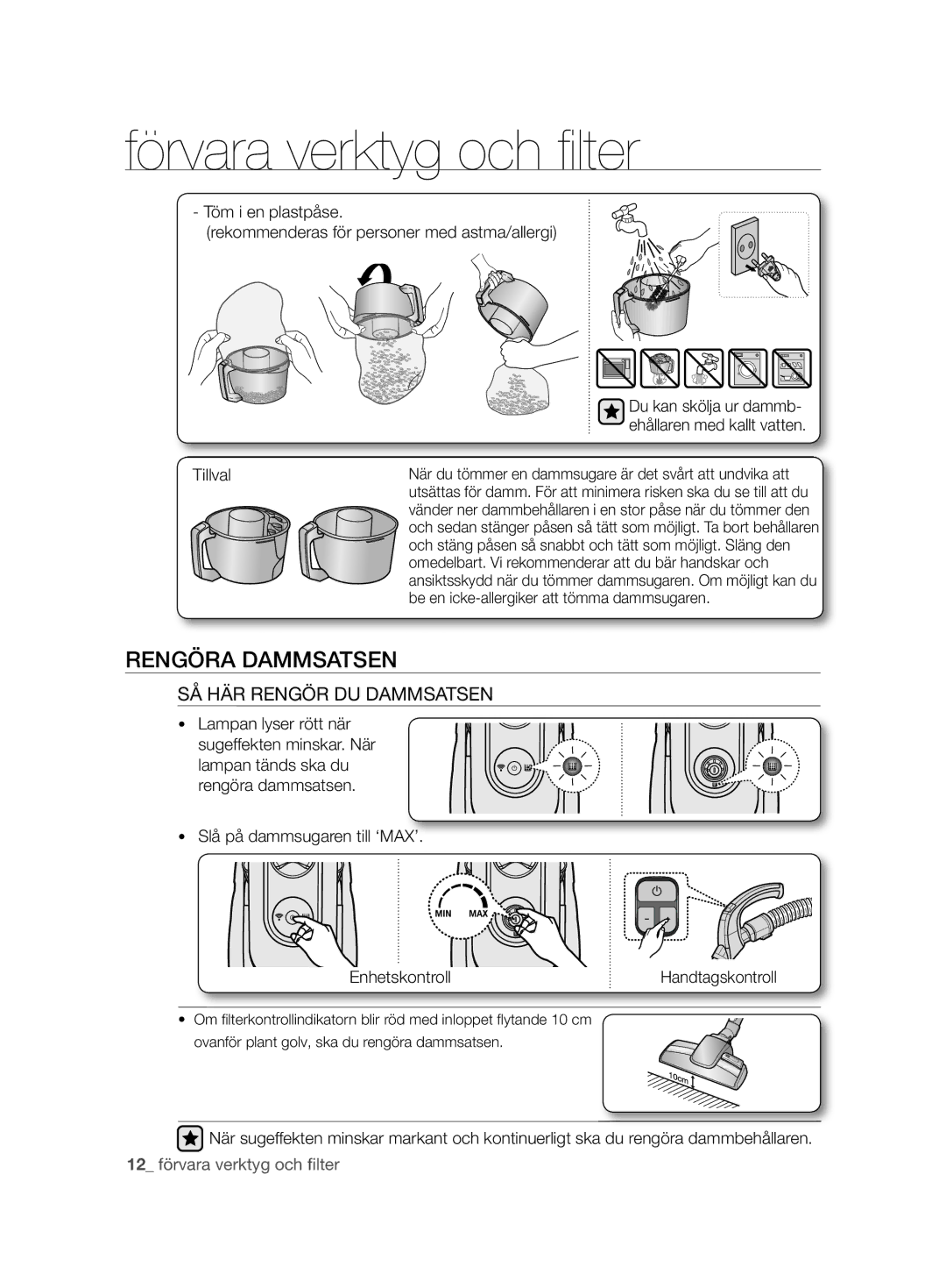 Samsung VCC8680V3K/XEE manual Rengöra Dammsatsen, SÅ HÄR Rengör DU Dammsatsen, Tillval 