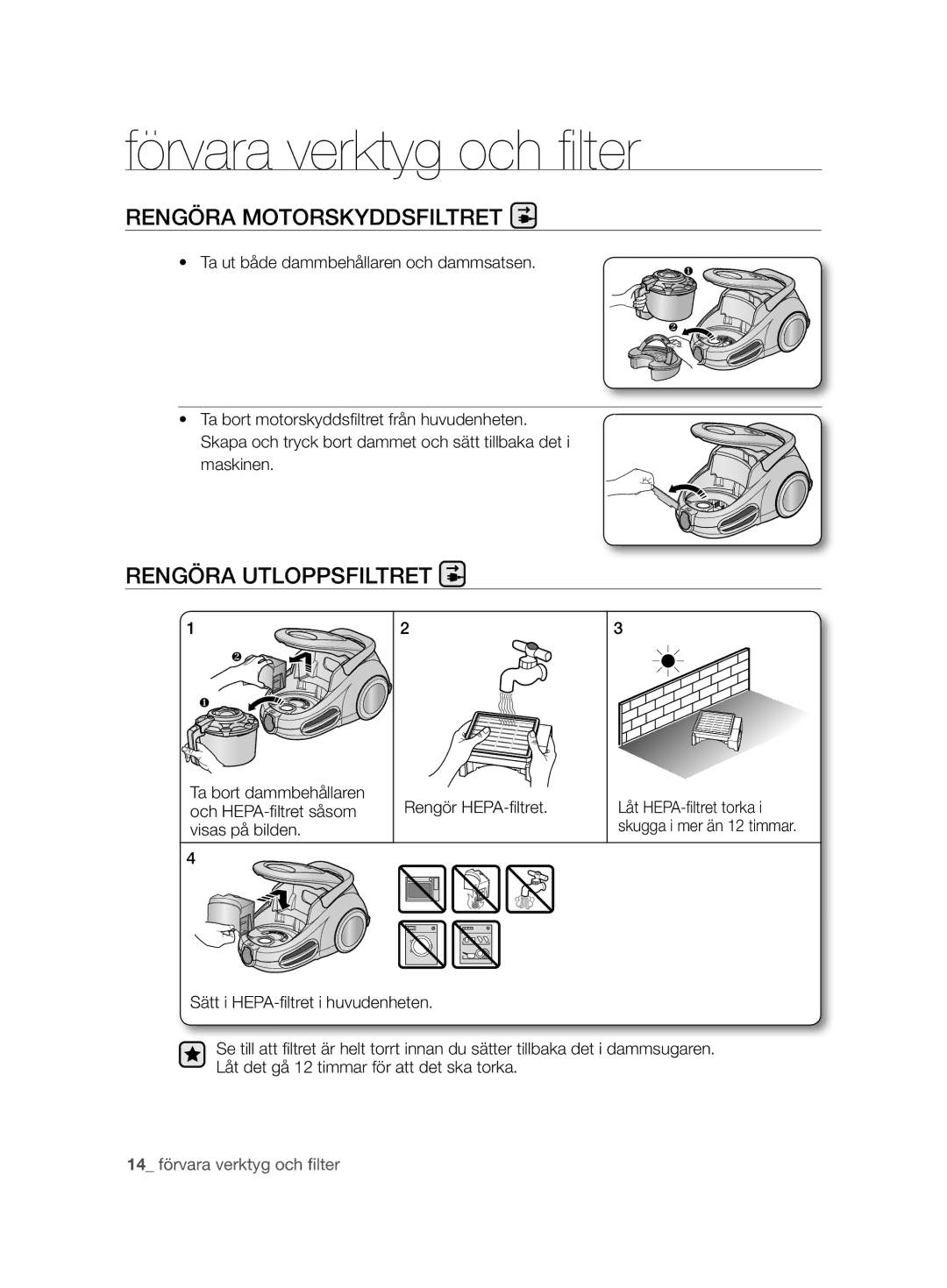 Samsung VCC8680V3K/XEE manual Rengöra Motorskyddsfiltret, Rengöra Utloppsfiltret 