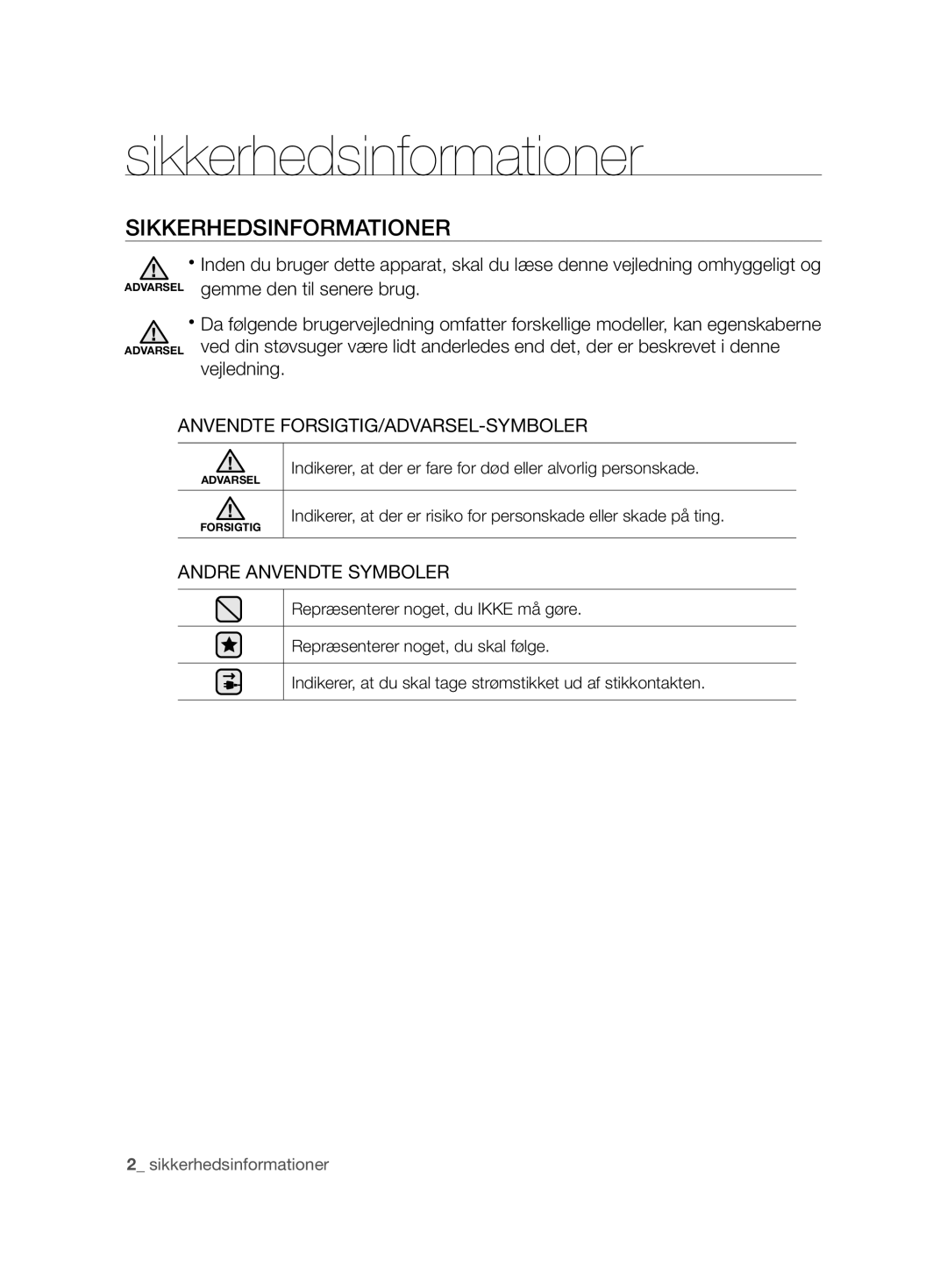 Samsung VCC8680V3K/XEE manual Sikkerhedsinformationer, Anvendte FORSIGTIG/ADVARSEL-SYMBOLER, Andre Anvendte Symboler 